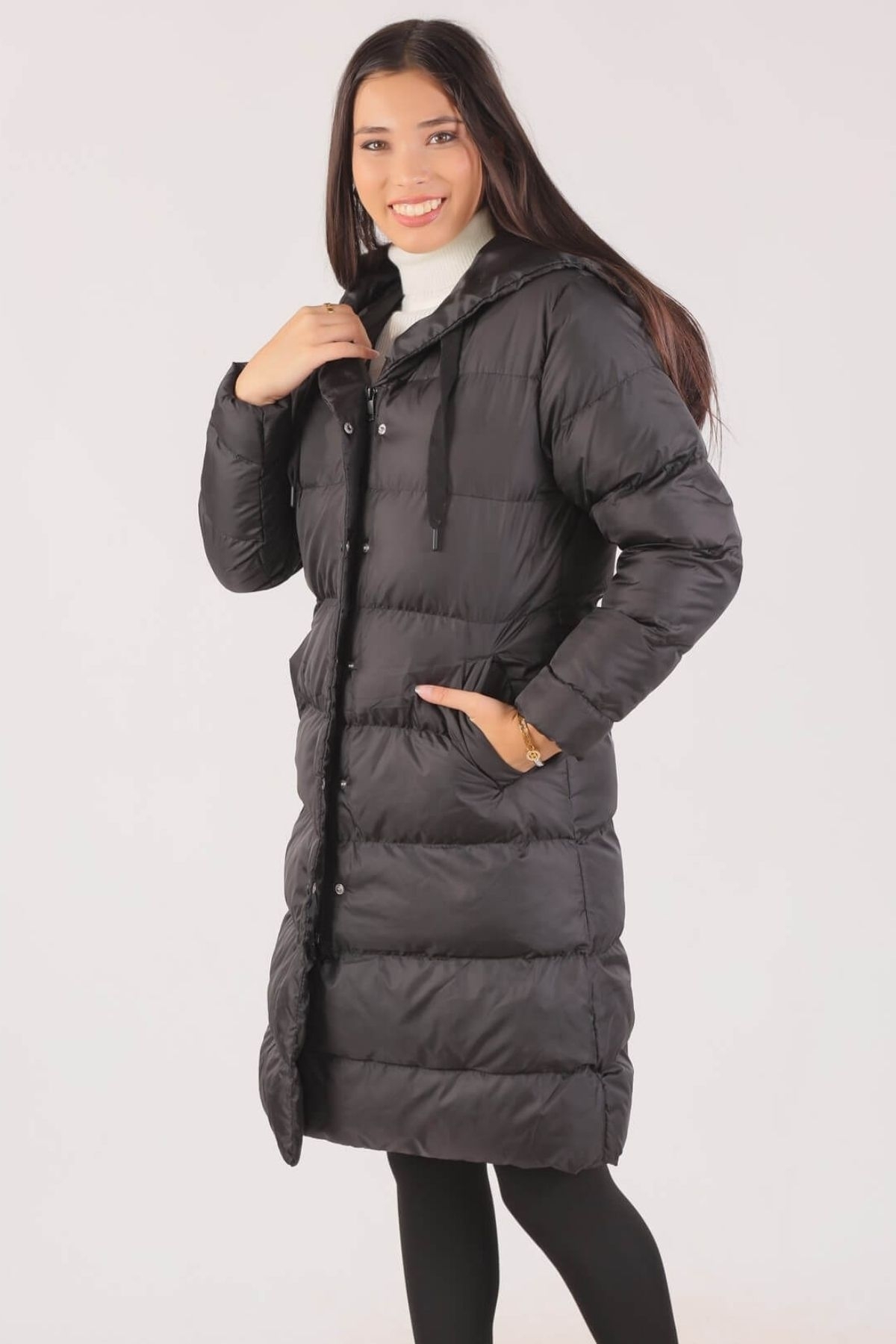 2024 Oversize Kapüşonlu Uzun Mont Siyah - 1