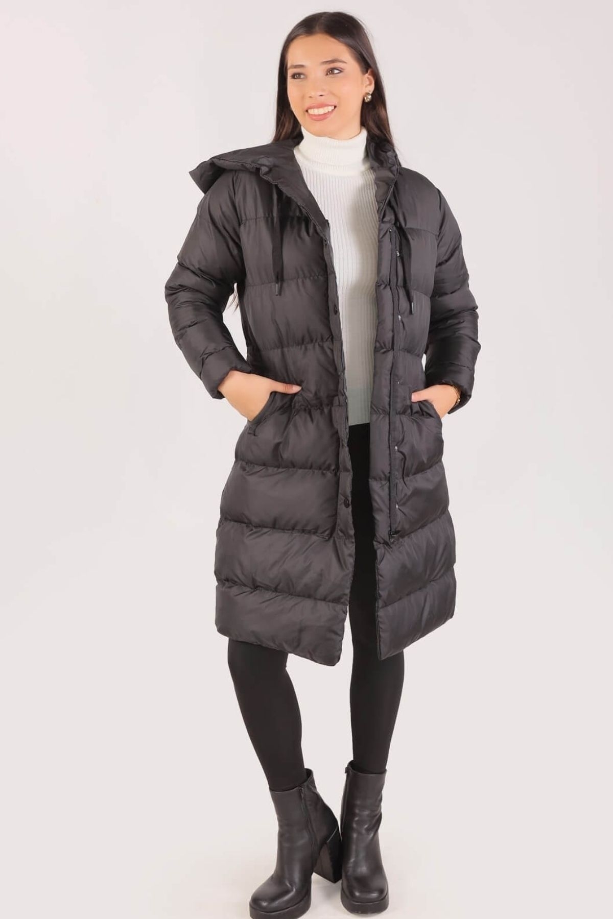 2024 Oversize Kapüşonlu Uzun Mont Siyah - 3