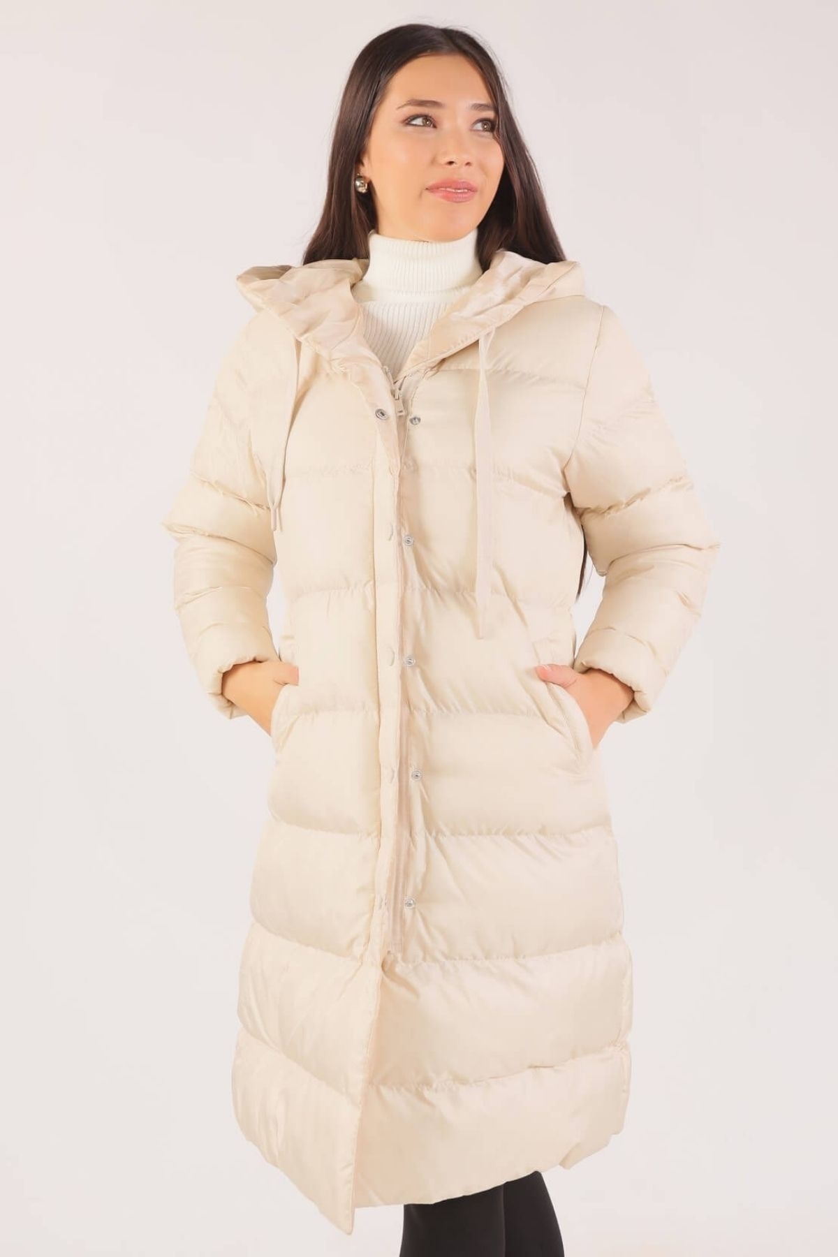 2024 Oversize Kapüşonlu Uzun Mont Taş - 4