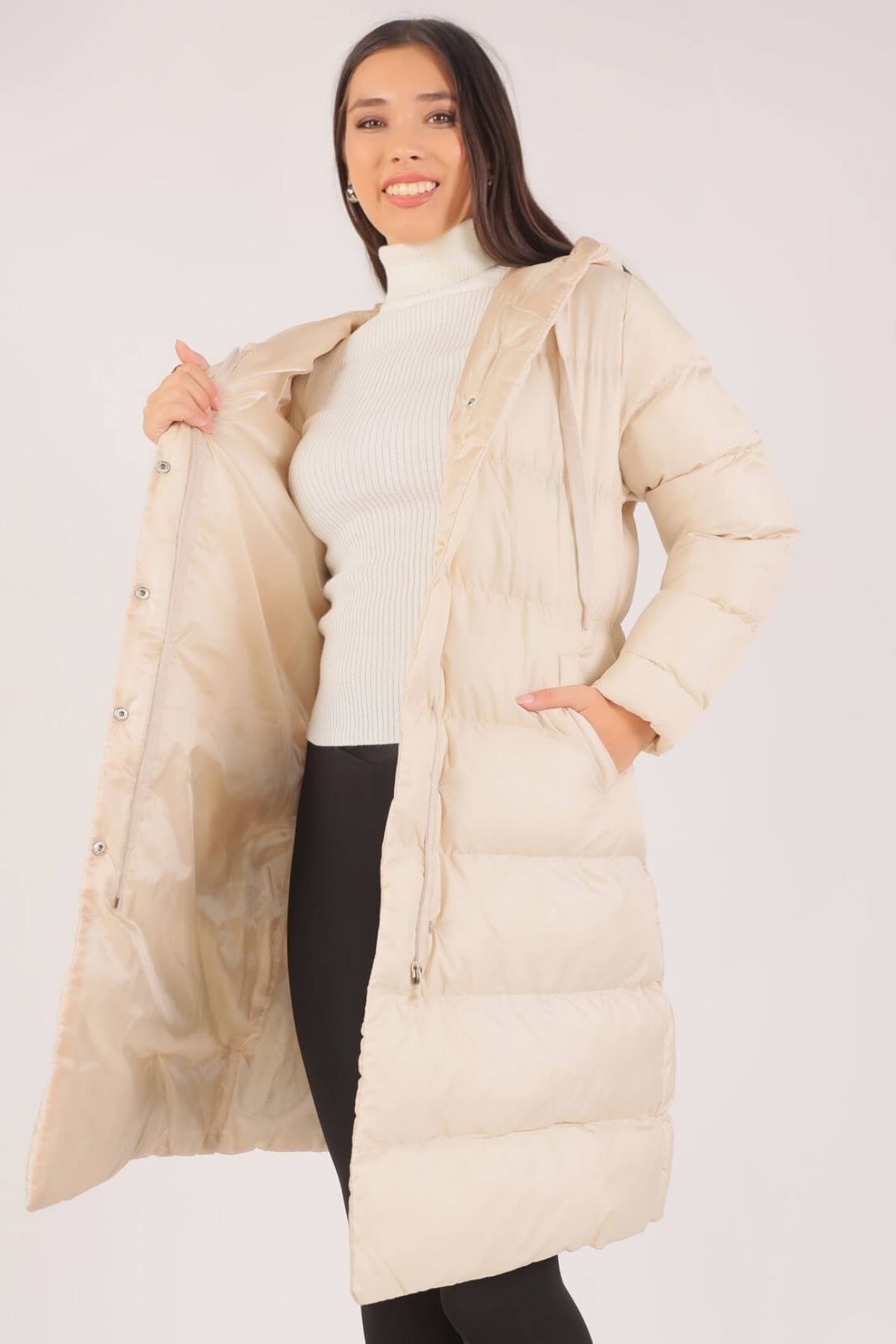 Taş Oversize Kapüşonlu Uzun Mont 2024 - 2