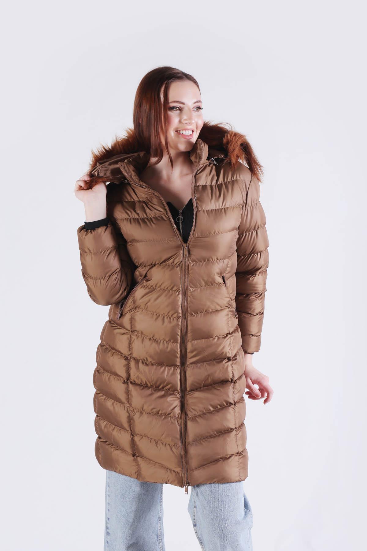 2025 Kemer Detay Kapüşonlu Mont Camel - 6