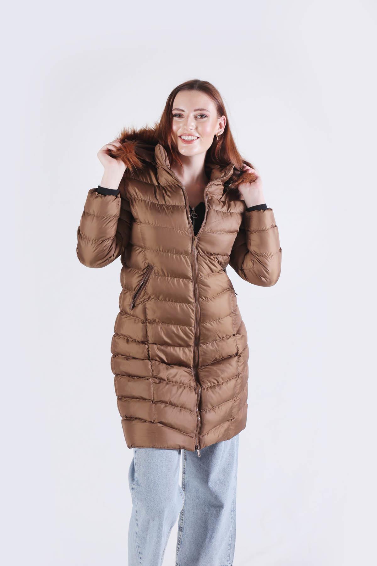 2025 Kemer Detay Kapüşonlu Mont Camel - 5