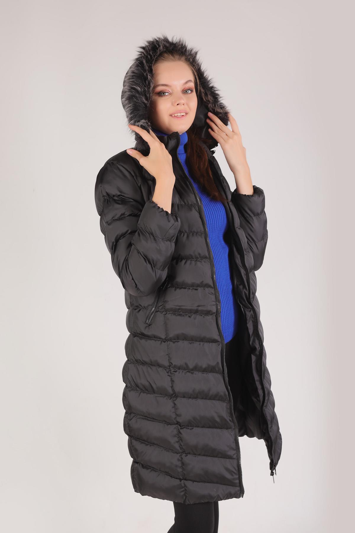 2025 Kemer Detay Kapüşonlu Mont Siyah - 4