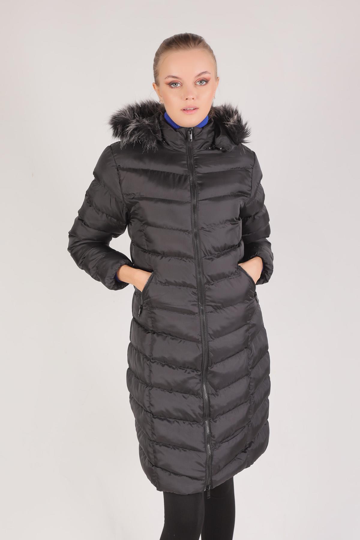 2025 Kemer Detay Kapüşonlu Mont Siyah - 5