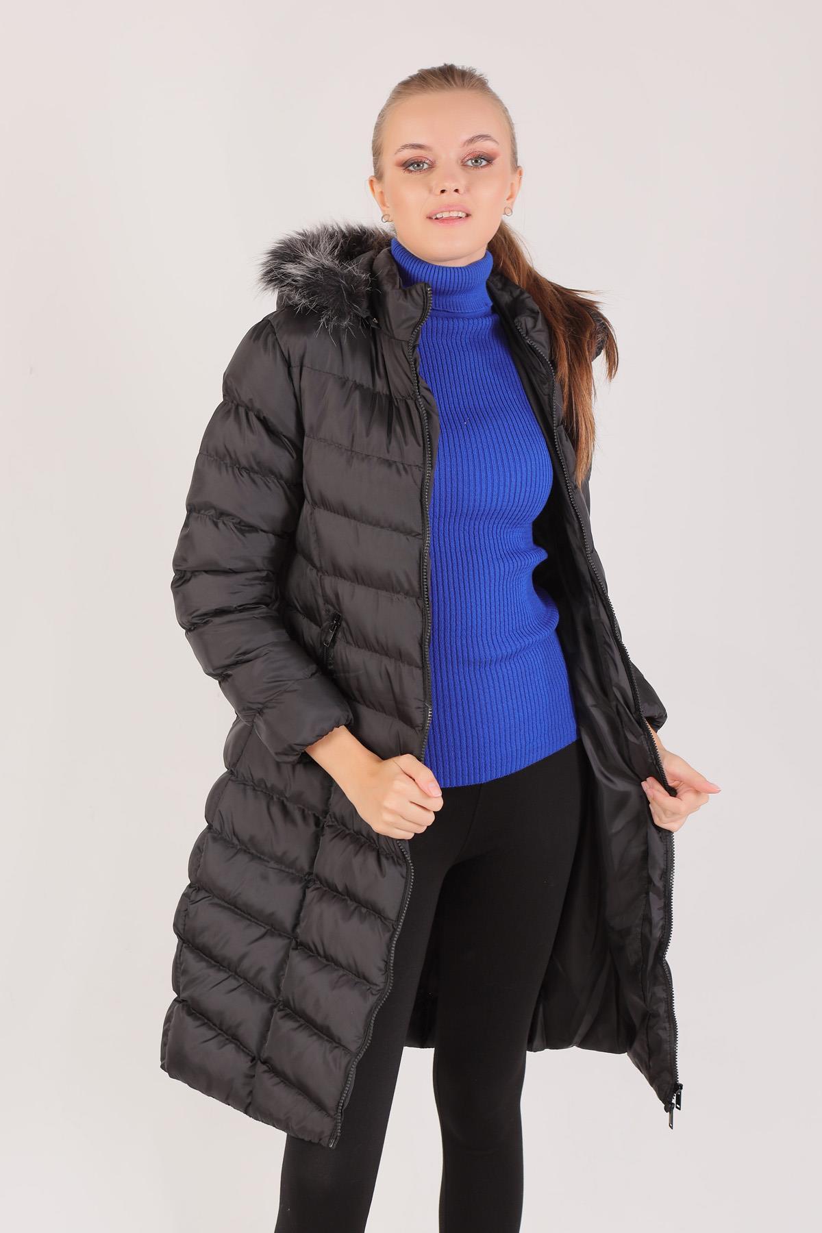 2025 Kemer Detay Kapüşonlu Mont Siyah - 2