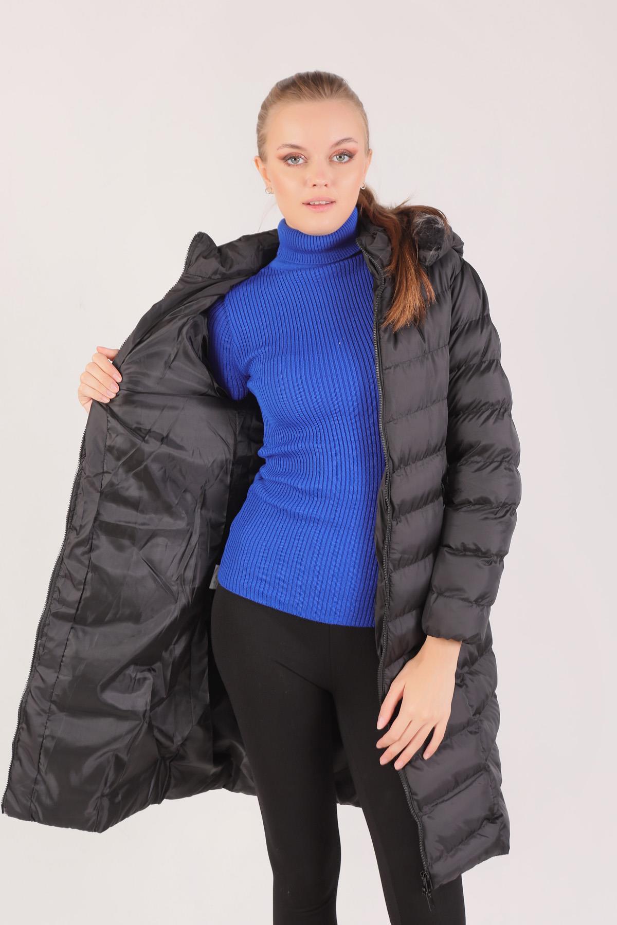 Siyah Kemer Detay Kapüşonlu Mont 2025 - 3