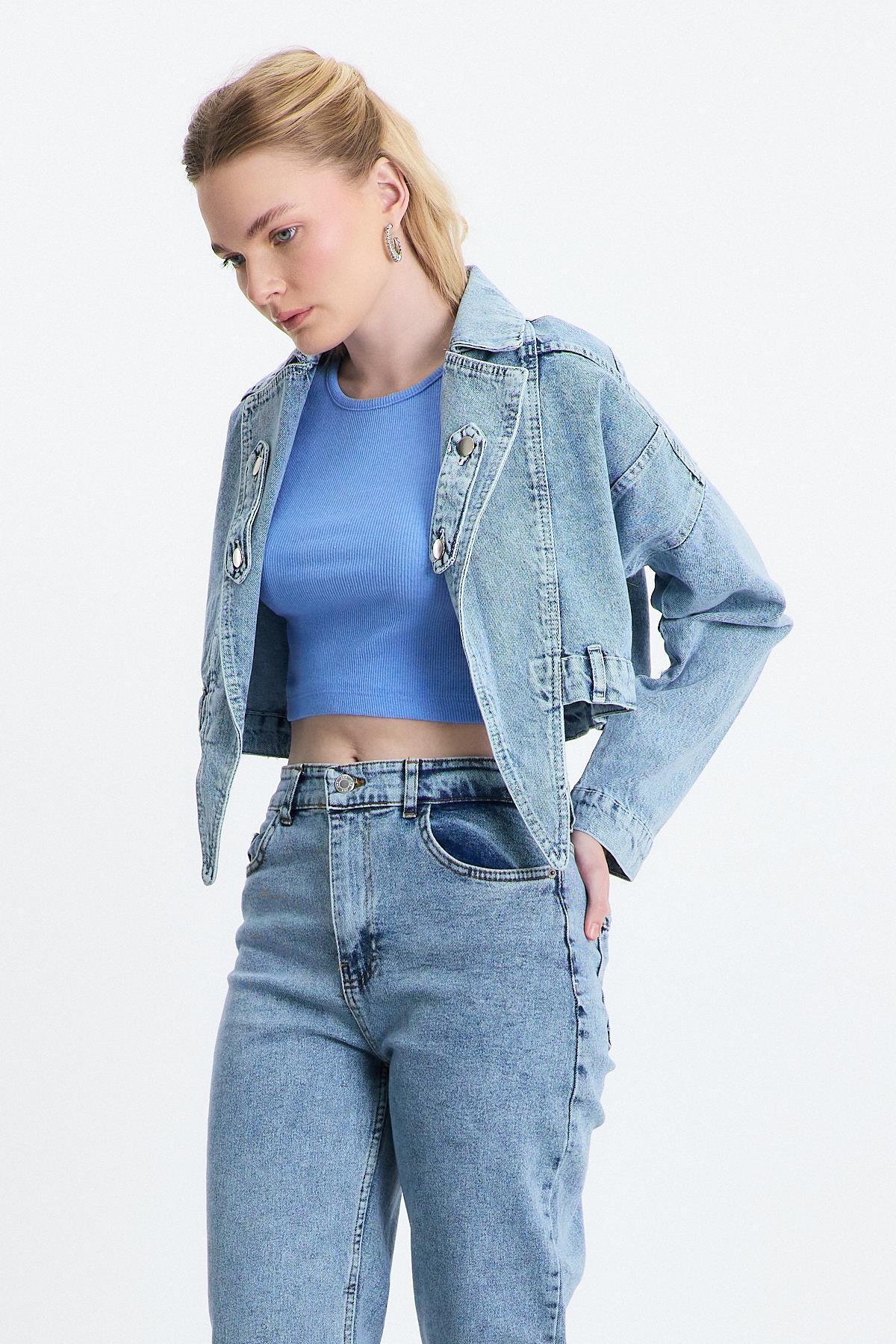 2025 Ön Bağlama Detay Kot Ceket Buzkar - 8