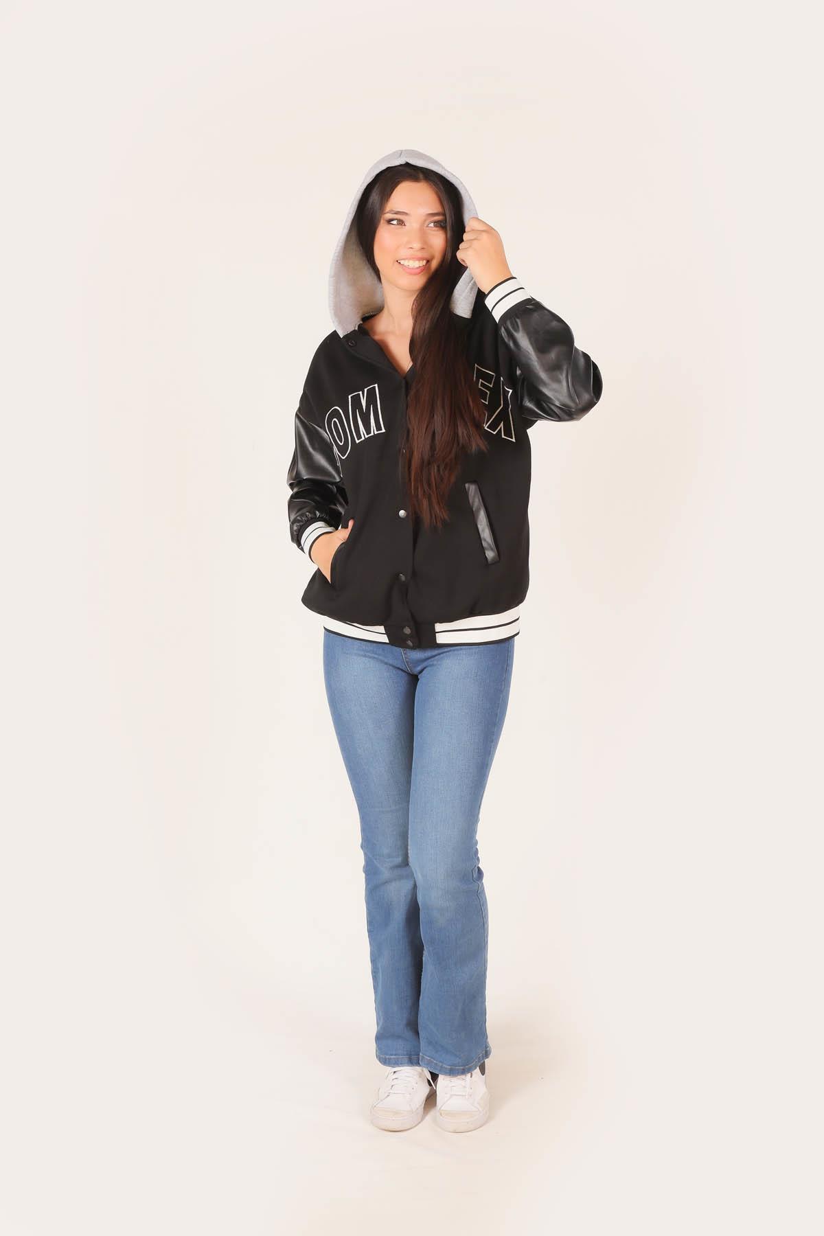 2027 Kapüşonlu Kolej Ceket Siyah - 5