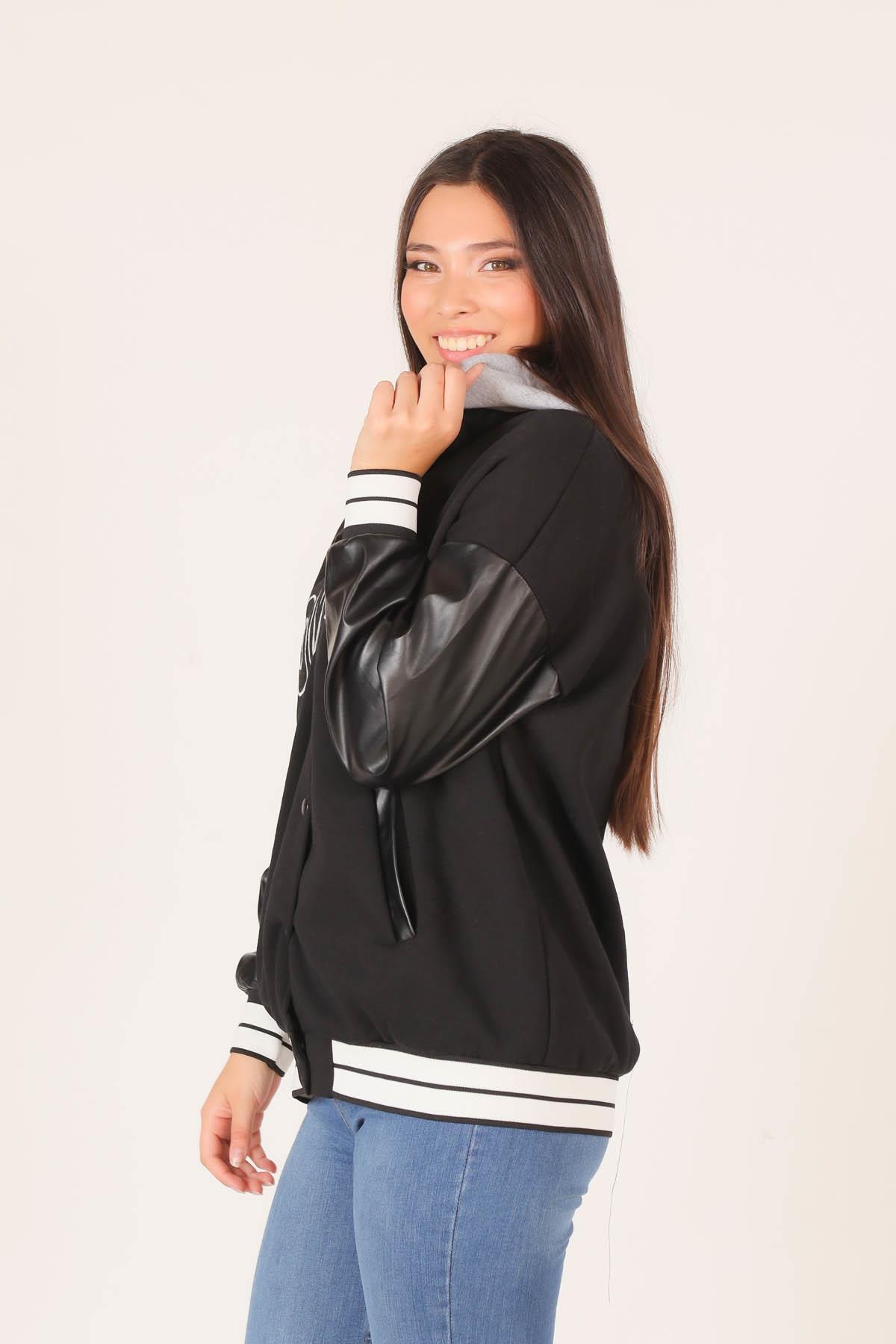 Siyah Kapüşonlu Kolej Ceket 2027 - 3