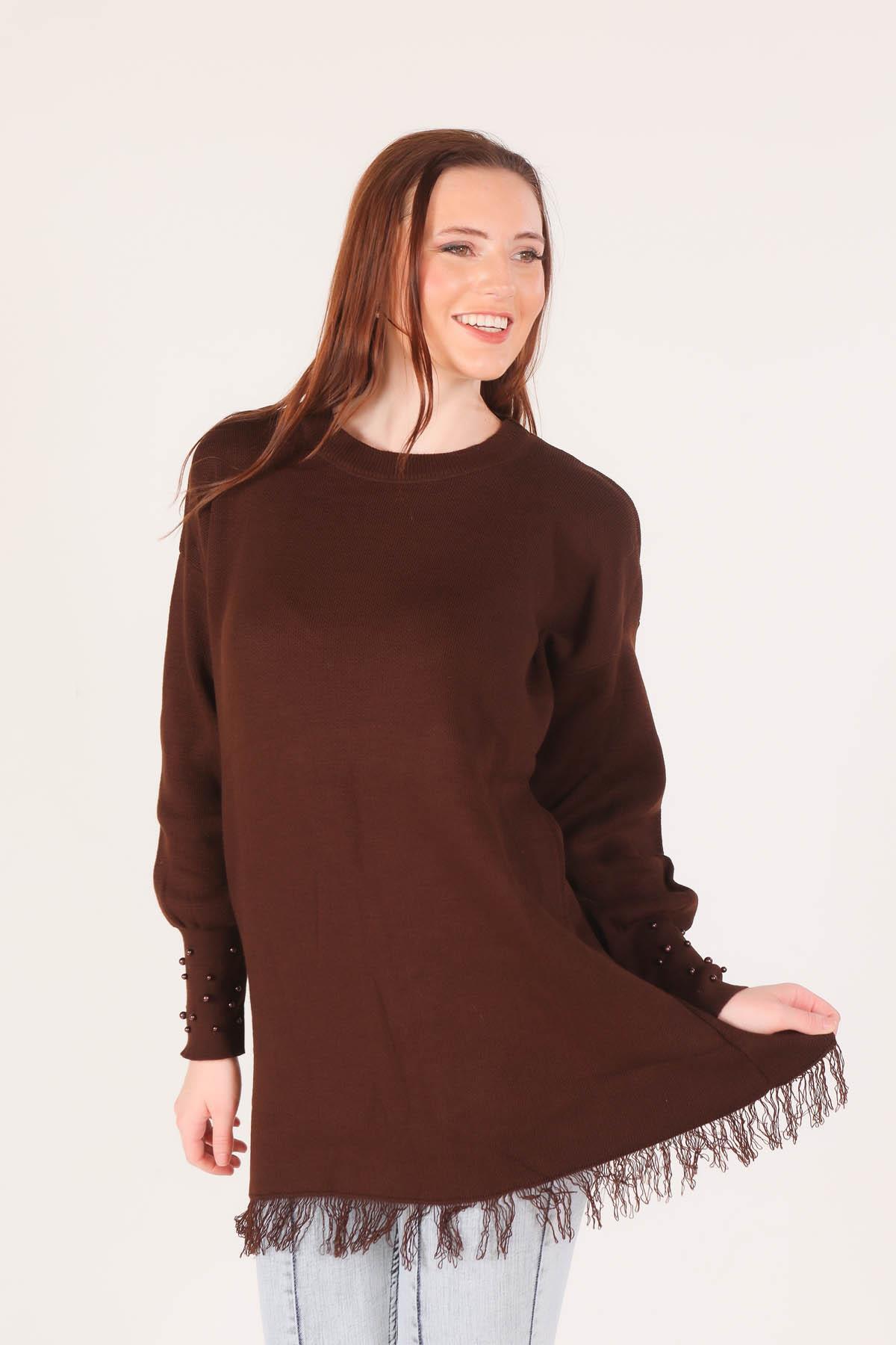 2028 Eteği Saçaklı İnci Detay Kazak Acı Kahve - 1