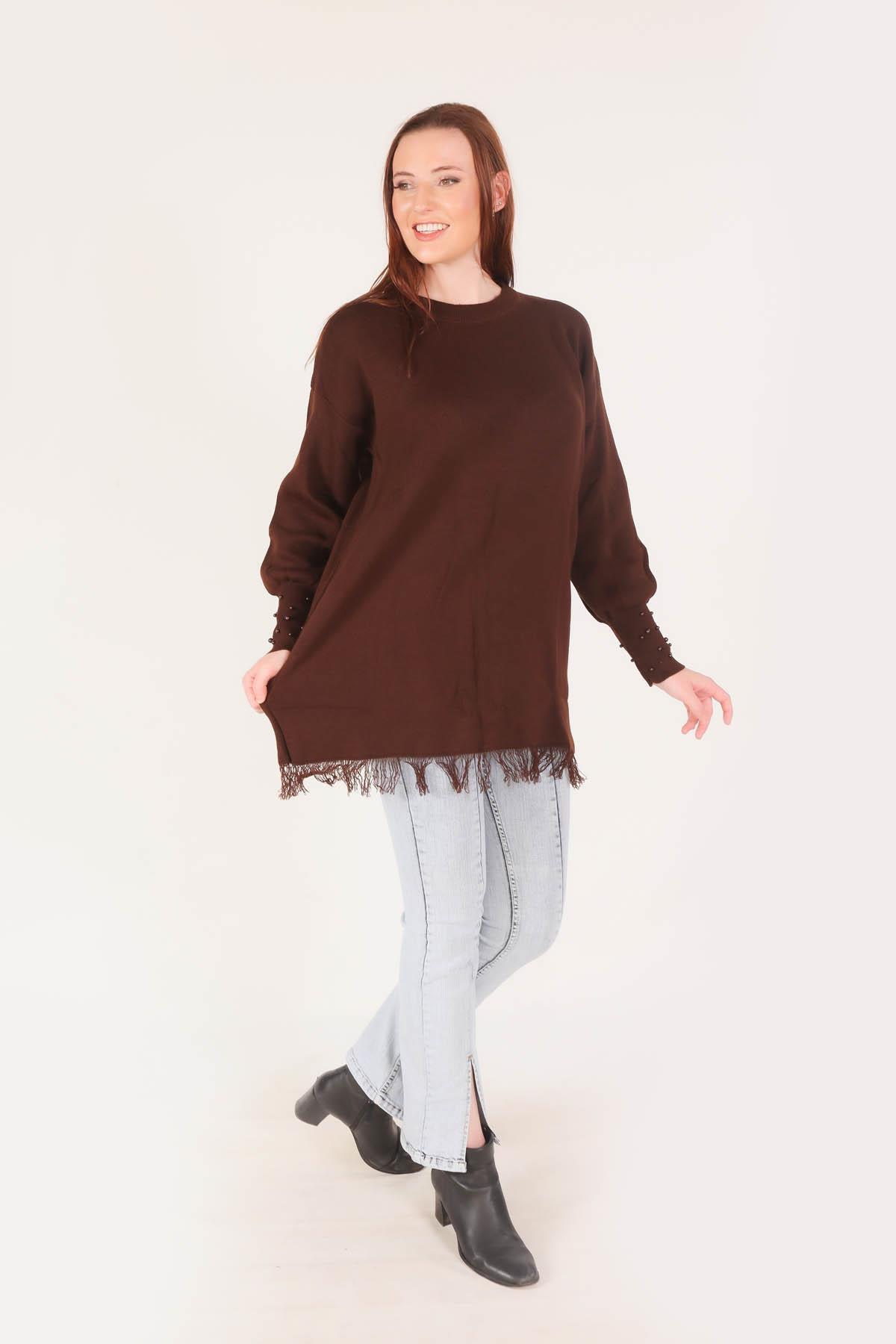 2028 Eteği Saçaklı İnci Detay Kazak Acı Kahve - 3