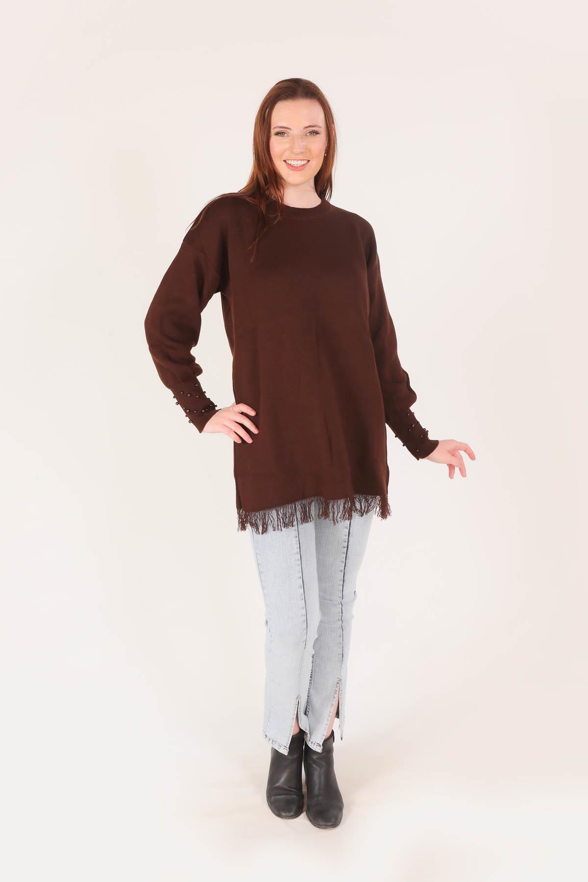 Acı Kahve Eteği Saçaklı İnci Detay Kazak 2028 - 2