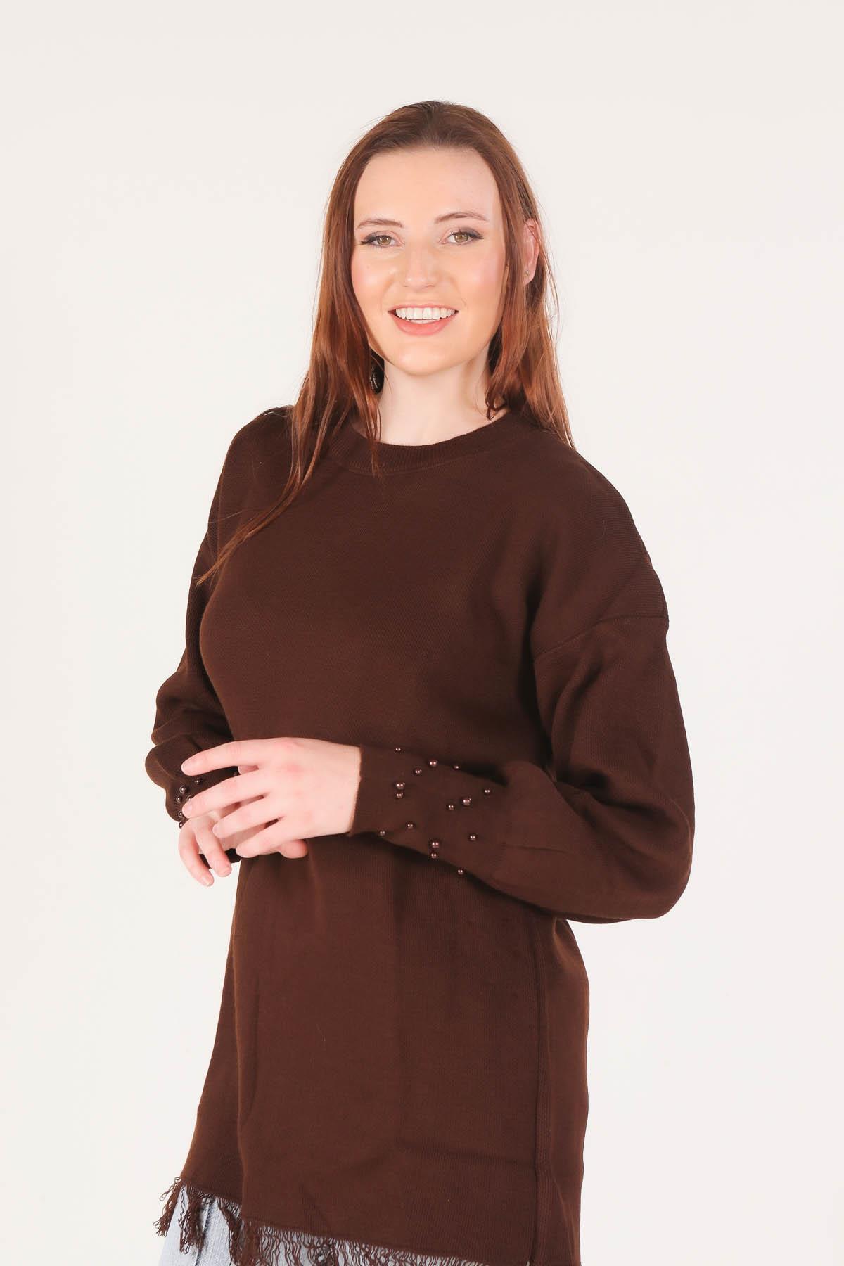 Acı Kahve Eteği Saçaklı İnci Detay Kazak 2028 - 5