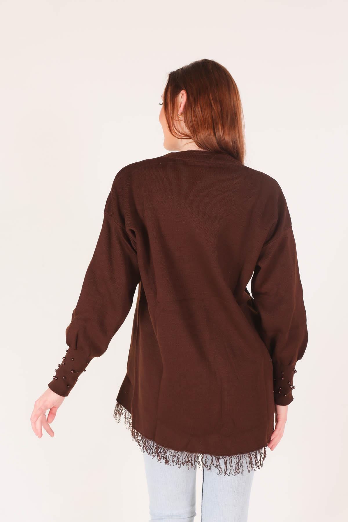 Acı Kahve Eteği Saçaklı İnci Detay Kazak 2028 - 6