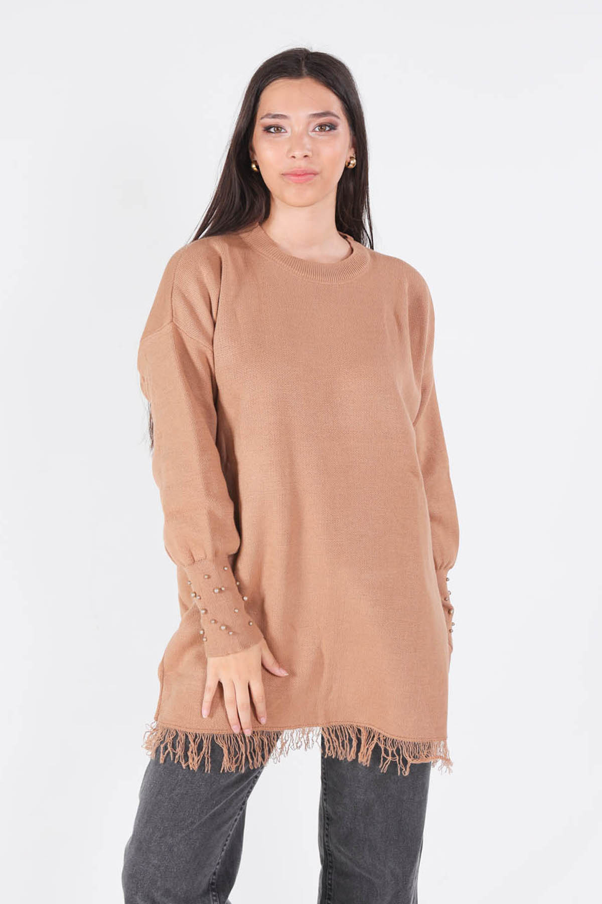 2028 Eteği Saçaklı İnci Detay Kazak Camel - 3