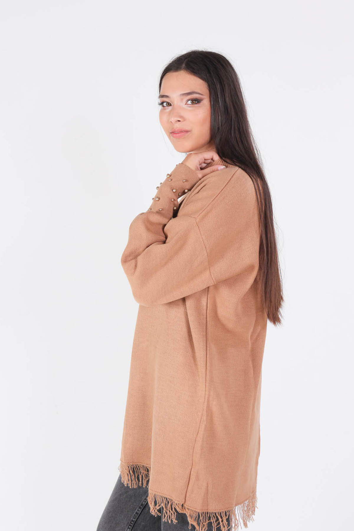 2028 Eteği Saçaklı İnci Detay Kazak Camel - 4