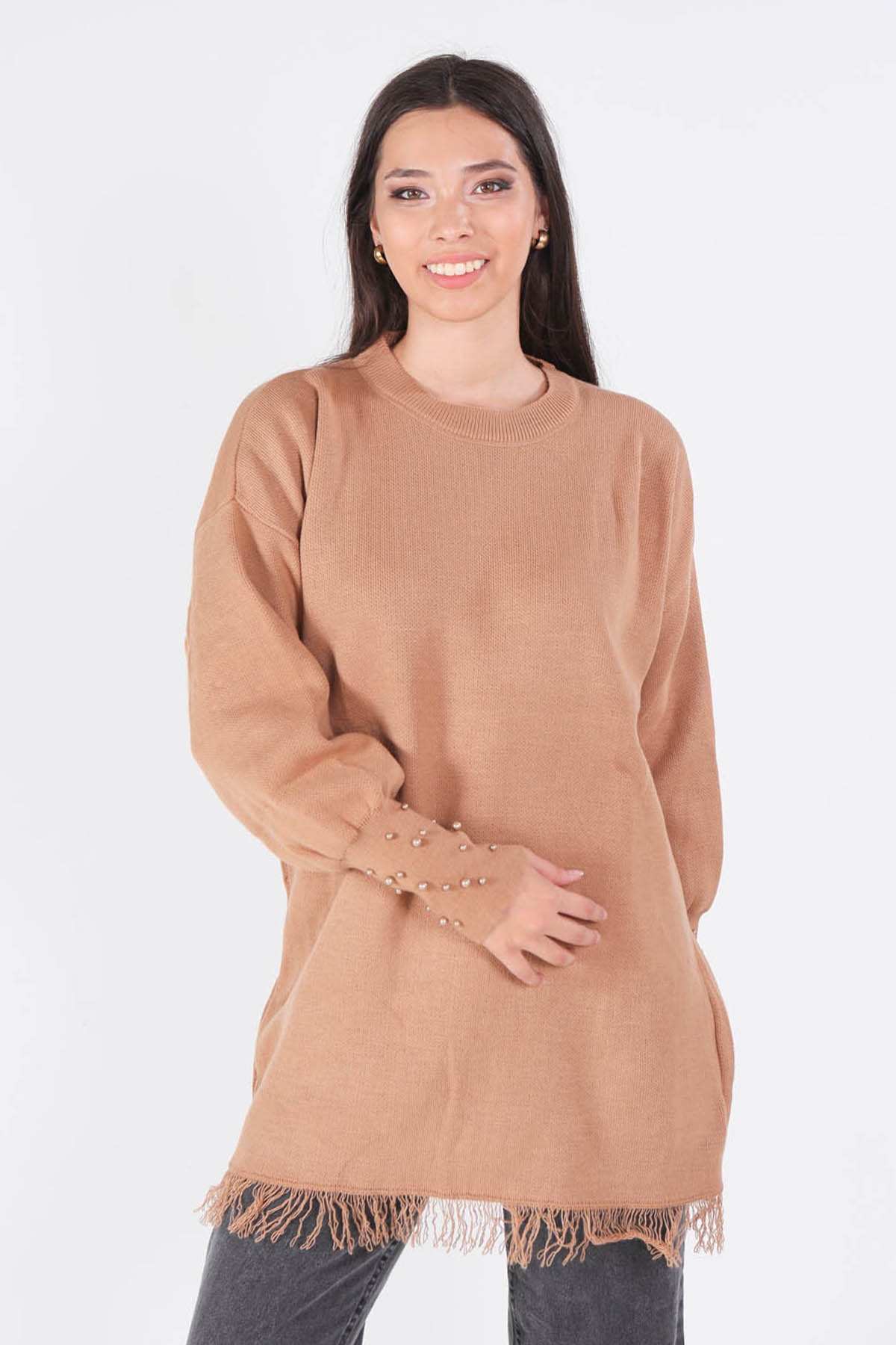 2028 Eteği Saçaklı İnci Detay Kazak Camel - 1