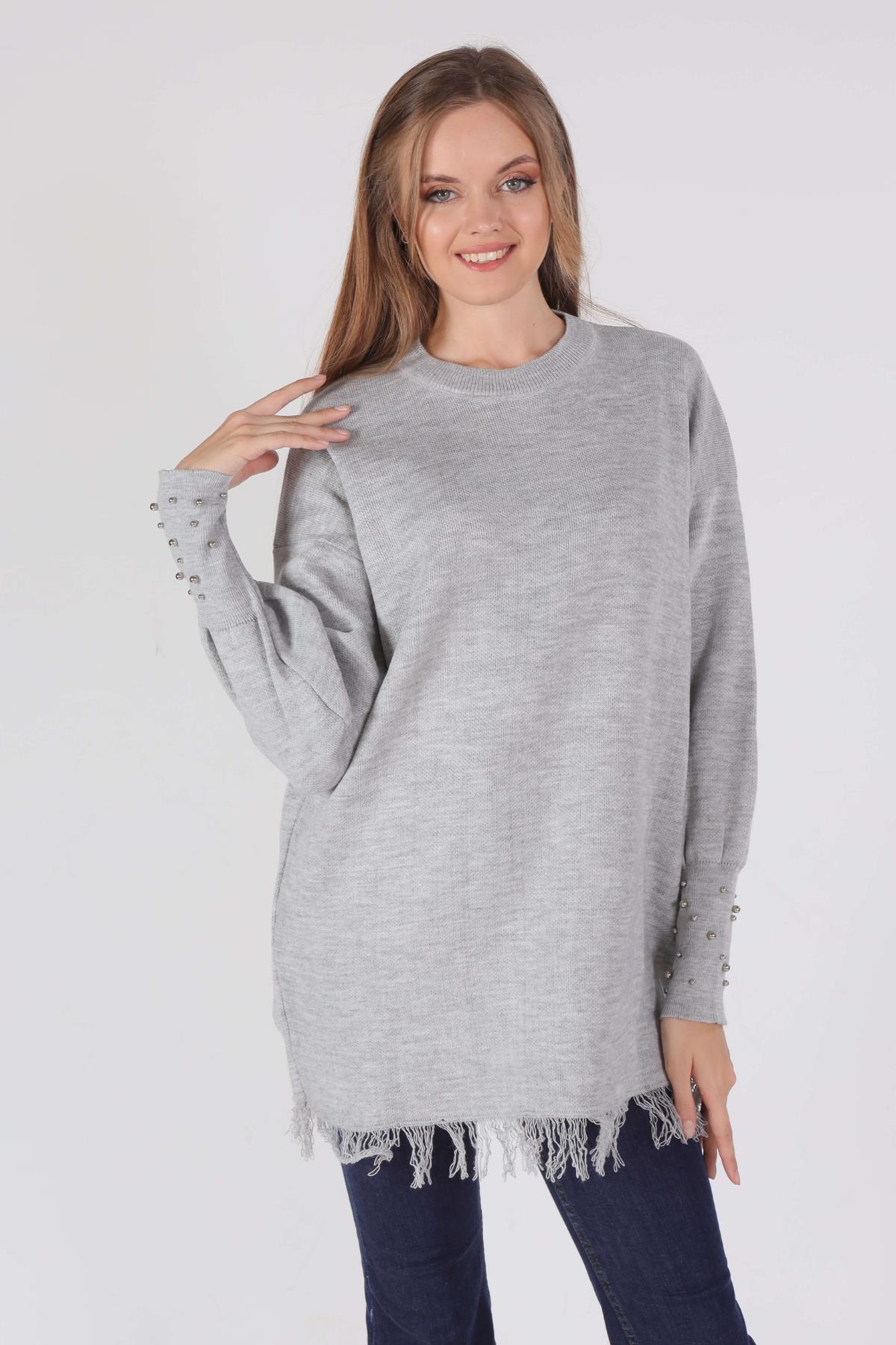 2028 Eteği Saçaklı İnci Detay Kazak Gri 