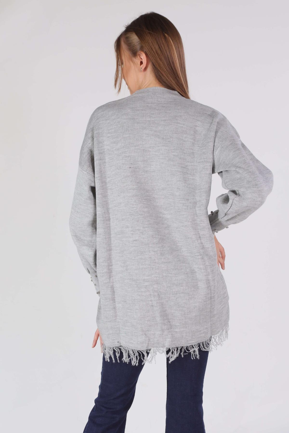 2028 Eteği Saçaklı İnci Detay Kazak Gri - 2