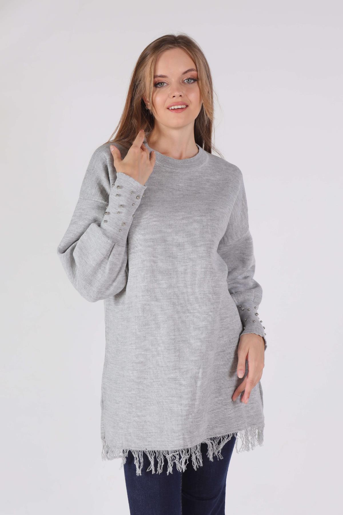 Gri Eteği Saçaklı İnci Detay Kazak 2028 - 3