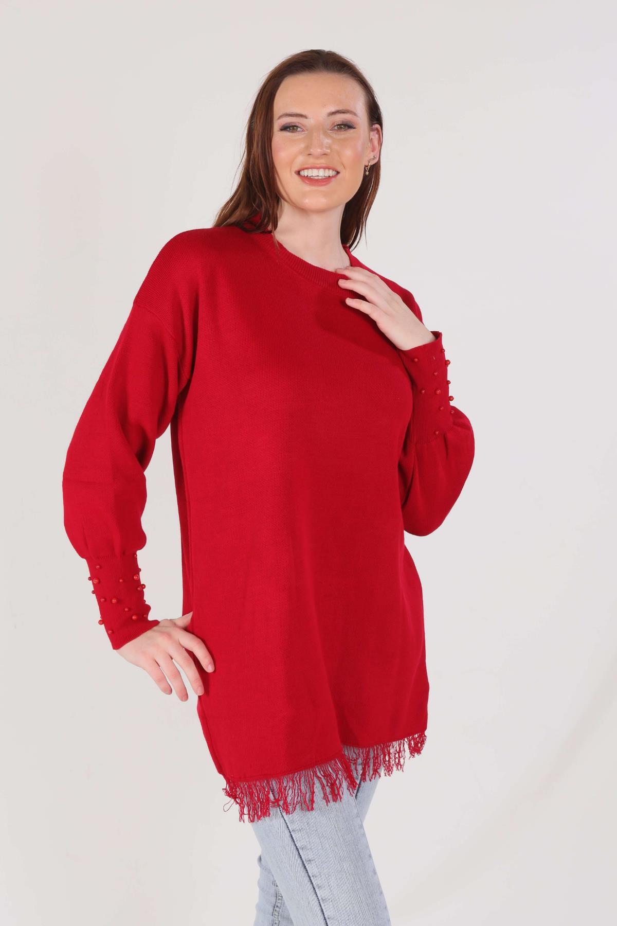 2028 Eteği Saçaklı İnci Detay Kazak Kırmızı 