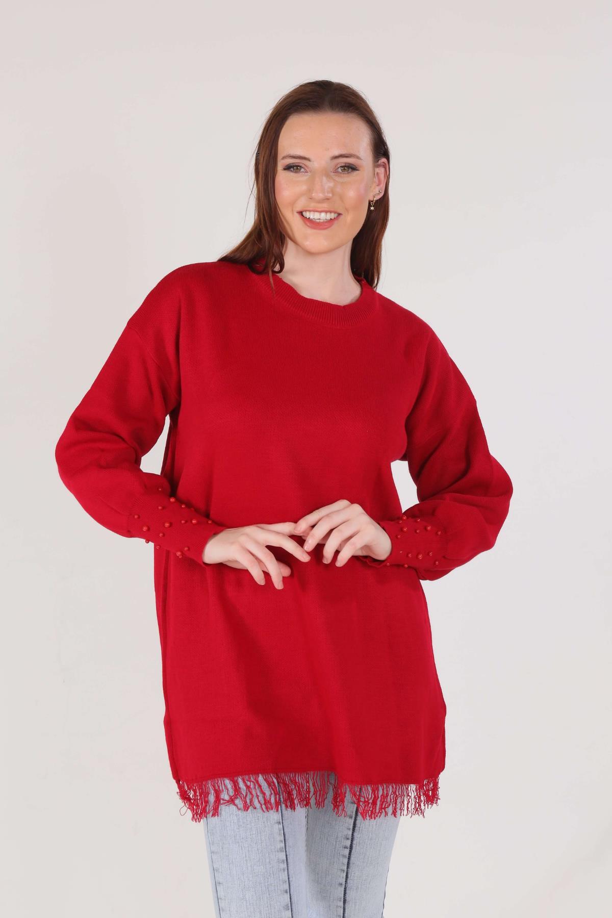 2028 Eteği Saçaklı İnci Detay Kazak Kırmızı - 2