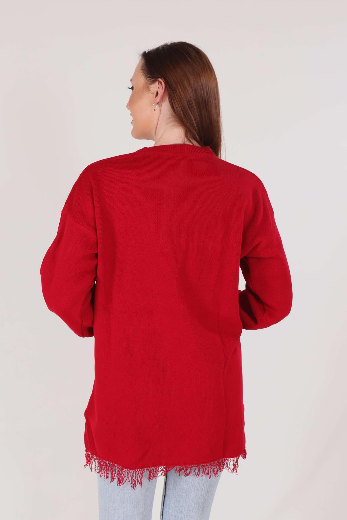 Kırmızı Eteği Saçaklı İnci Detay Kazak 2028 - 3