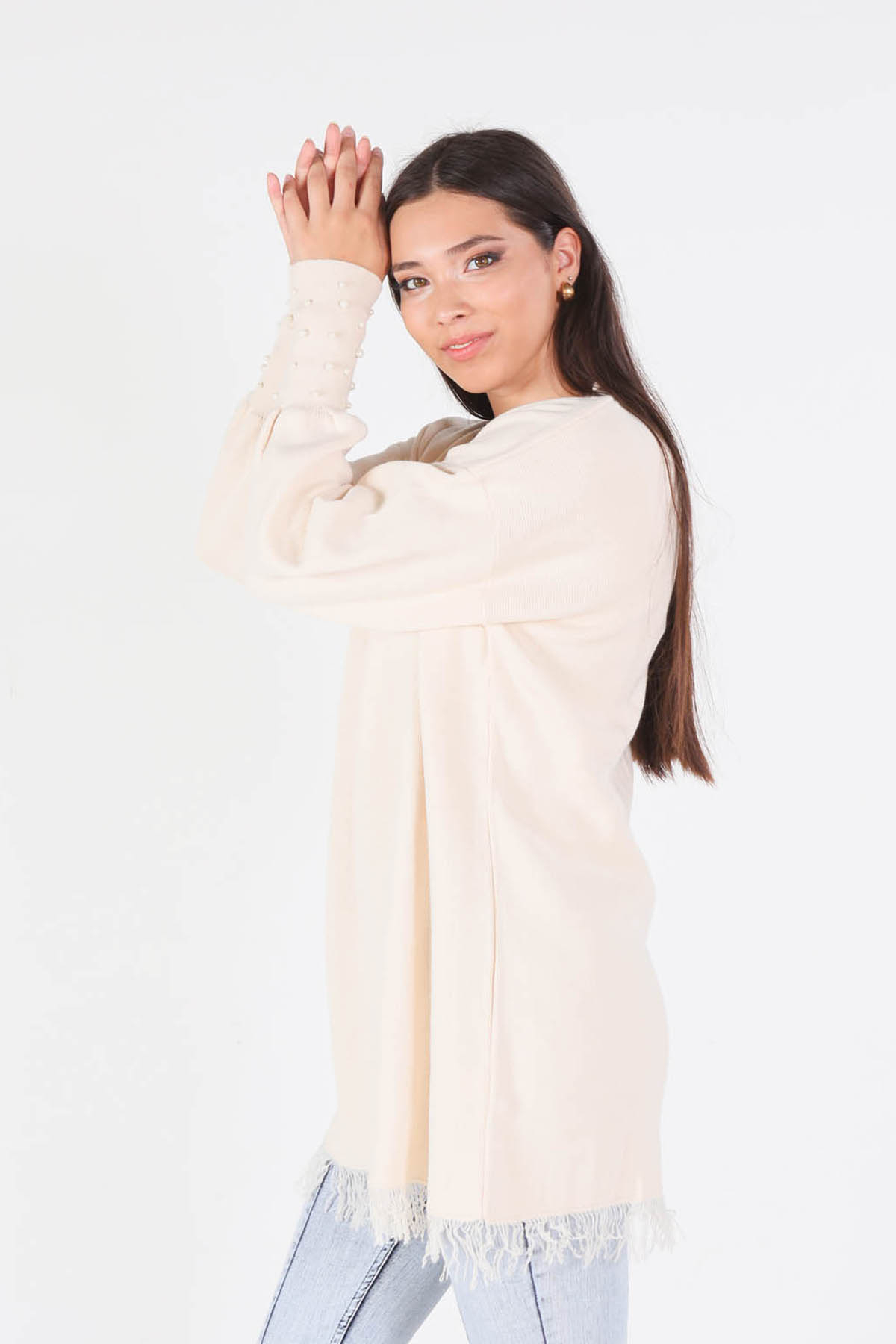 Krem Eteği Saçaklı İnci Detay Kazak 2028 - 2