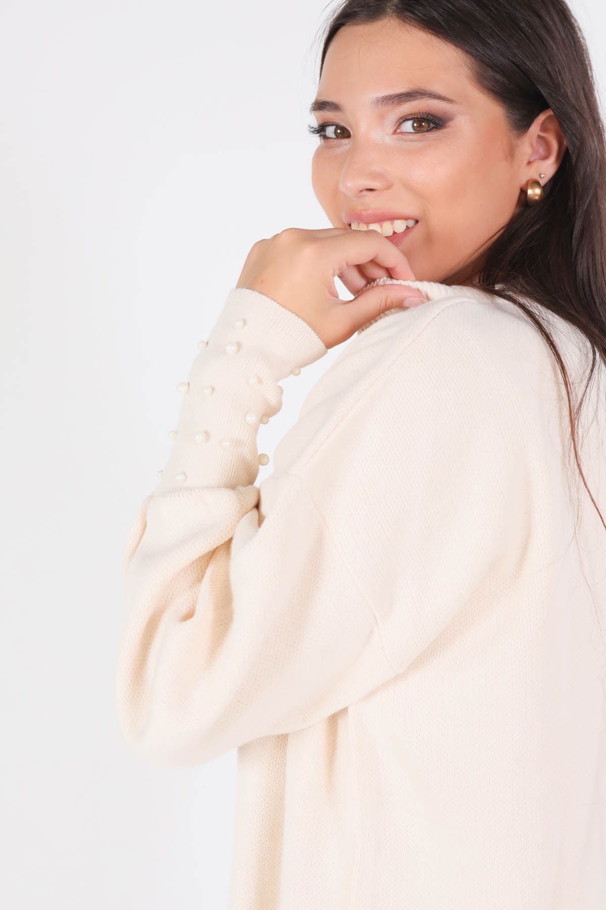 Krem Eteği Saçaklı İnci Detay Kazak 2028 - 3