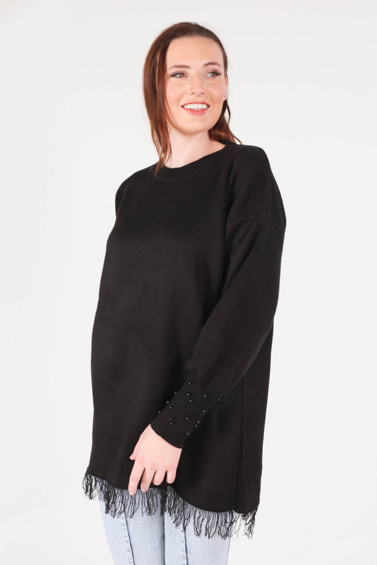 2028 Eteği Saçaklı İnci Detay Kazak Siyah - 3