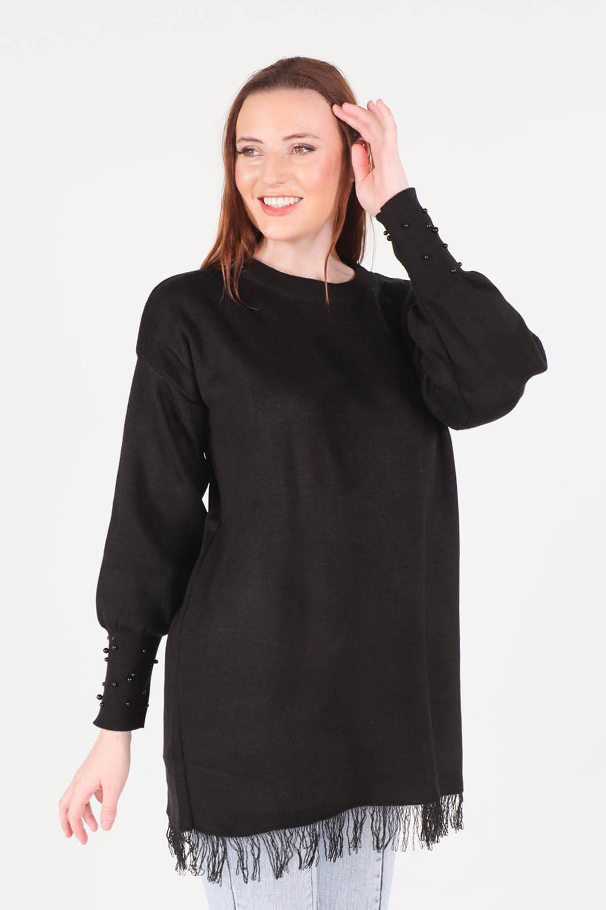 Siyah Eteği Saçaklı İnci Detay Kazak 2028 - 1