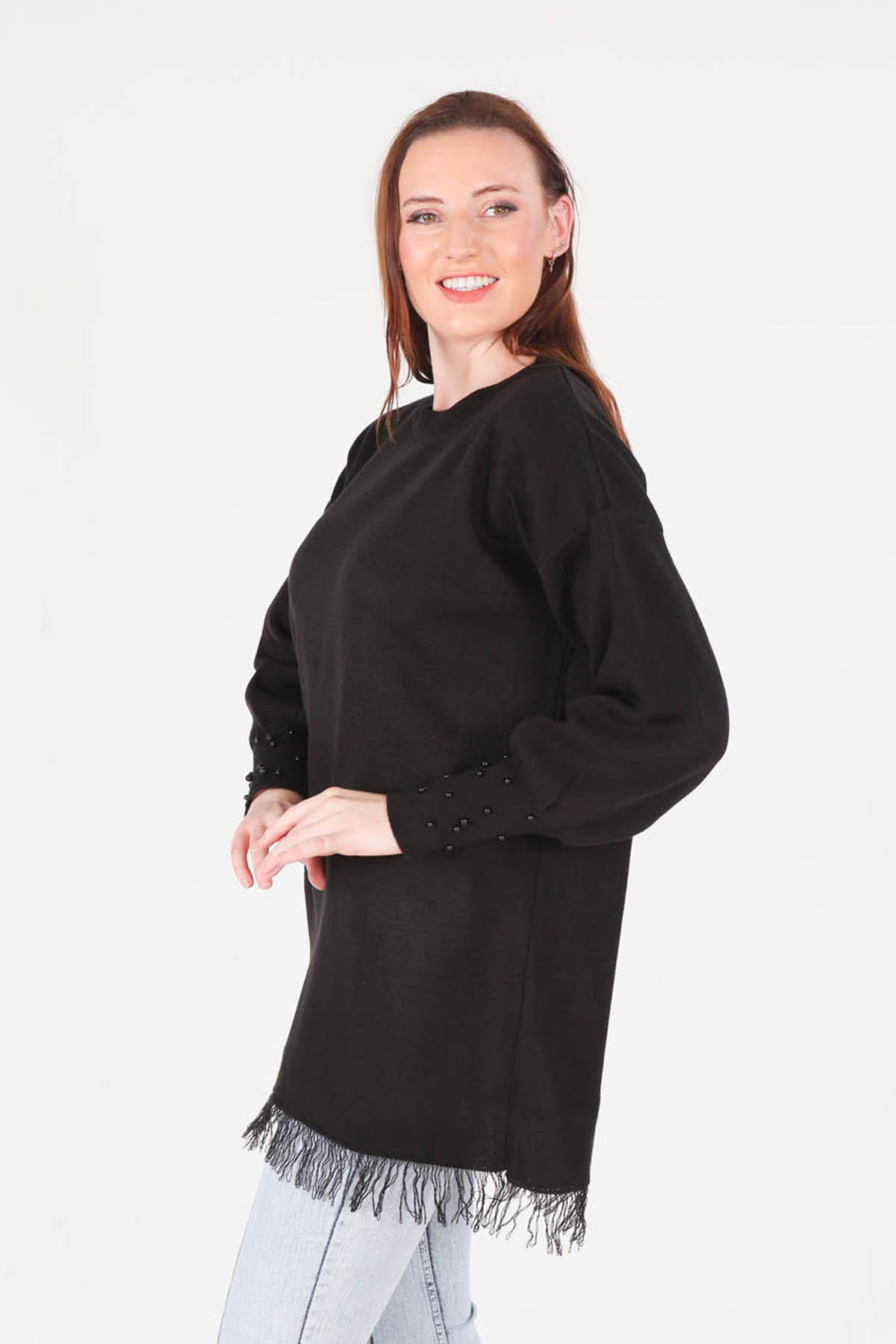 Siyah Eteği Saçaklı İnci Detay Kazak 2028 - 2