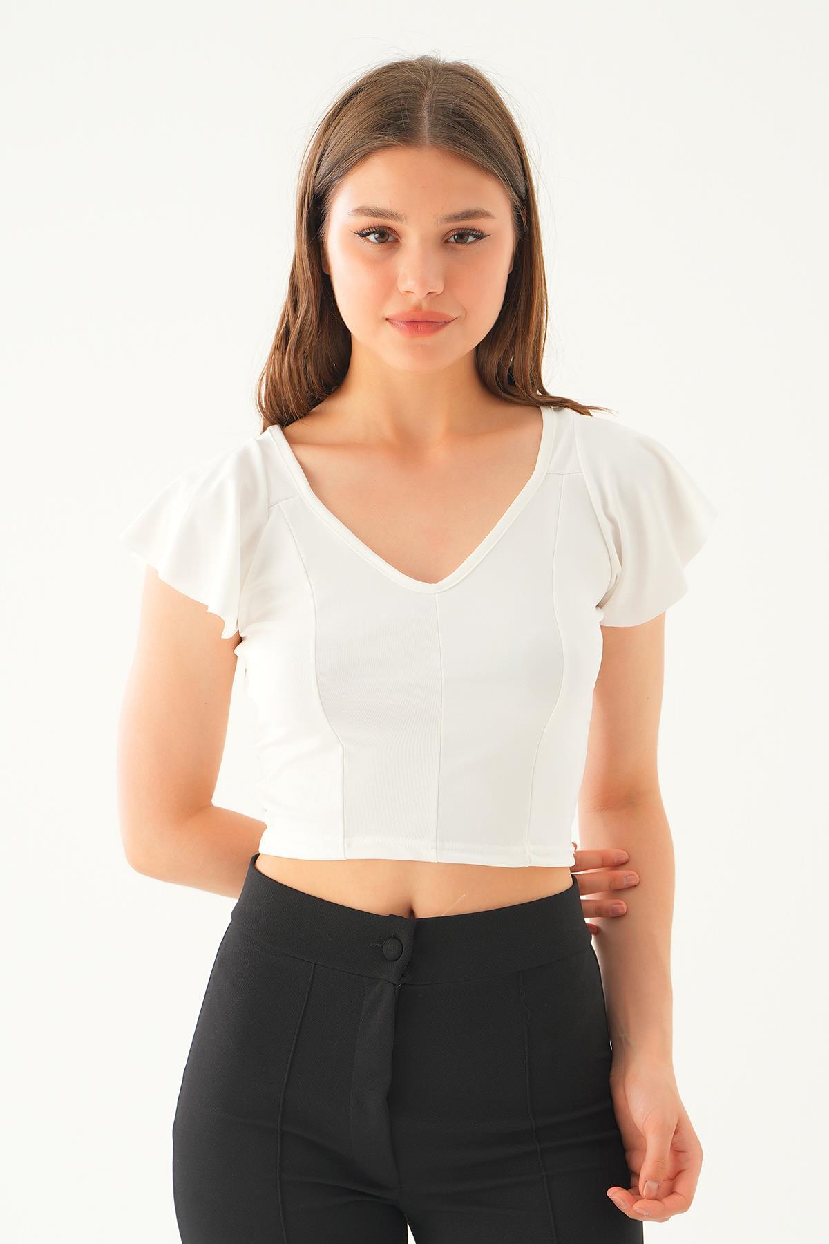 Beyaz Kol Volanlı V Yaka Bluz 2041 - 3
