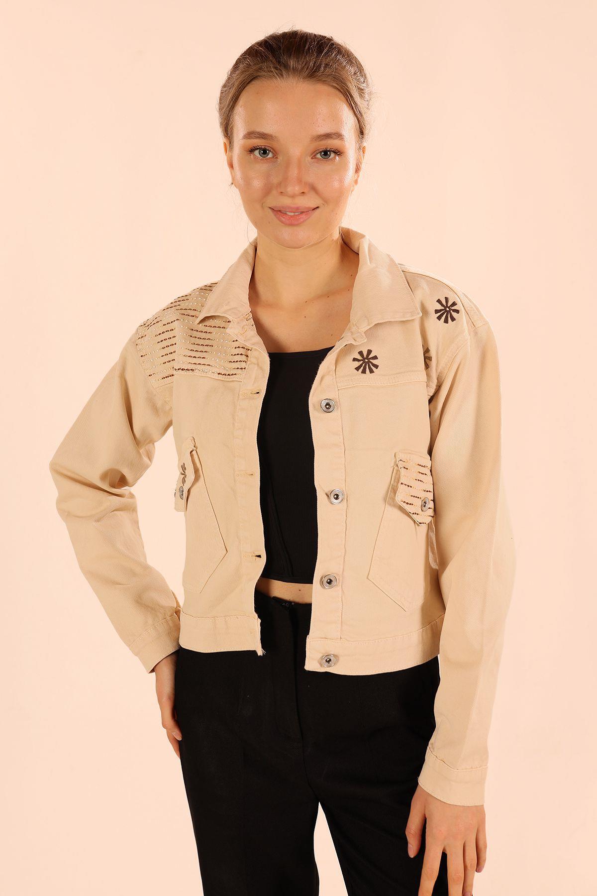 Bej Nakış Detay Gabardin Ceket 2047 - 1