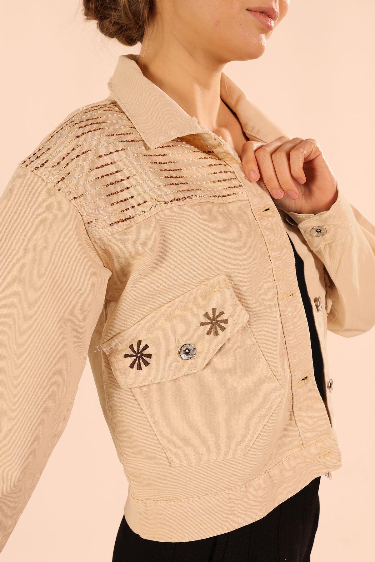 Bej Nakış Detay Gabardin Ceket 2047 - 3