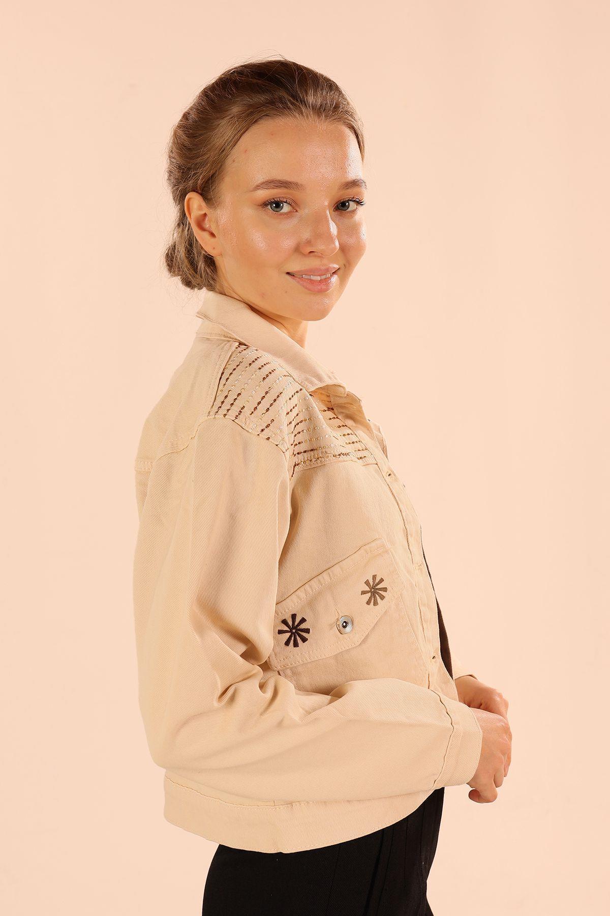 Bej Nakış Detay Gabardin Ceket 2047 - 4