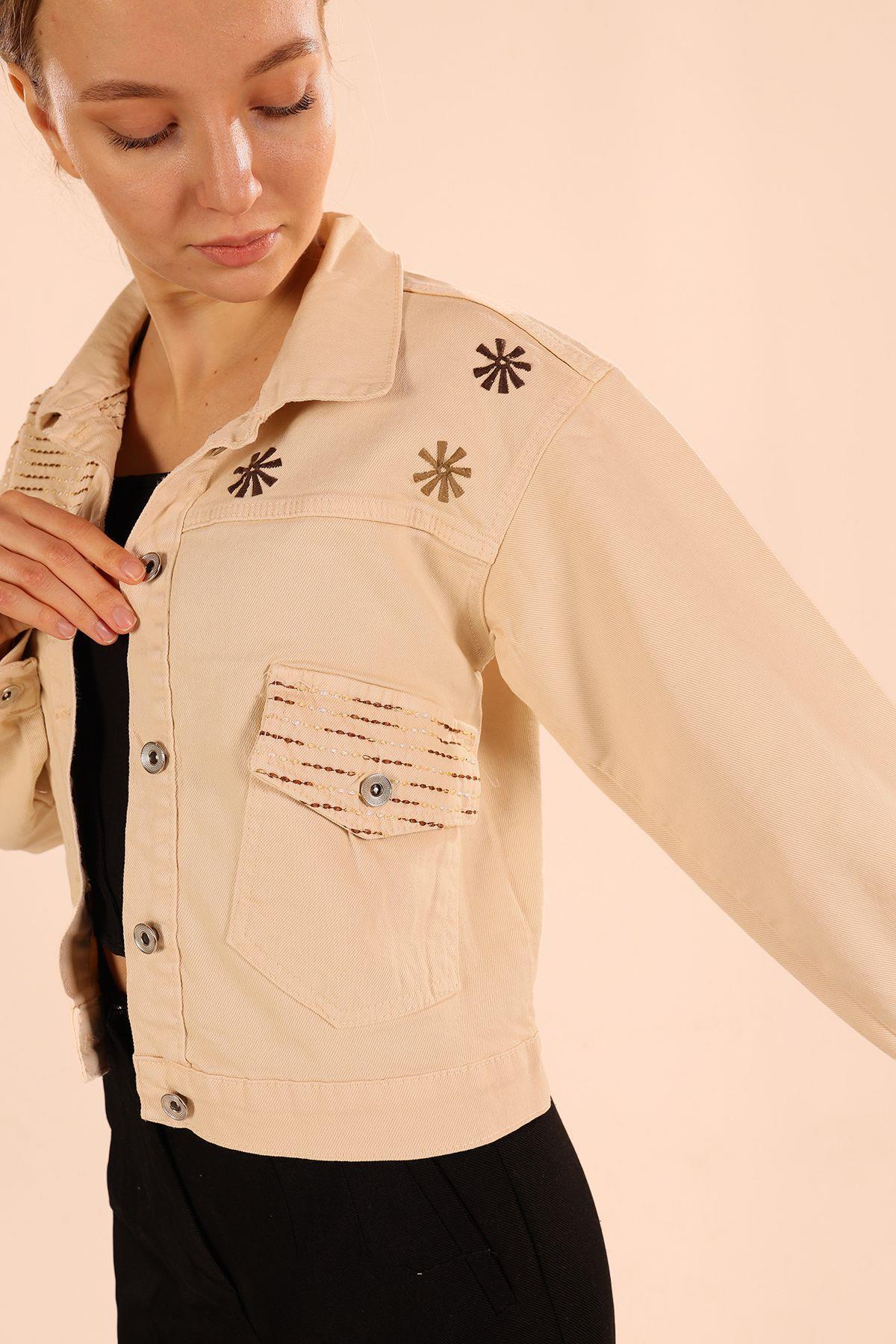 Bej Nakış Detay Gabardin Ceket 2047 - 6