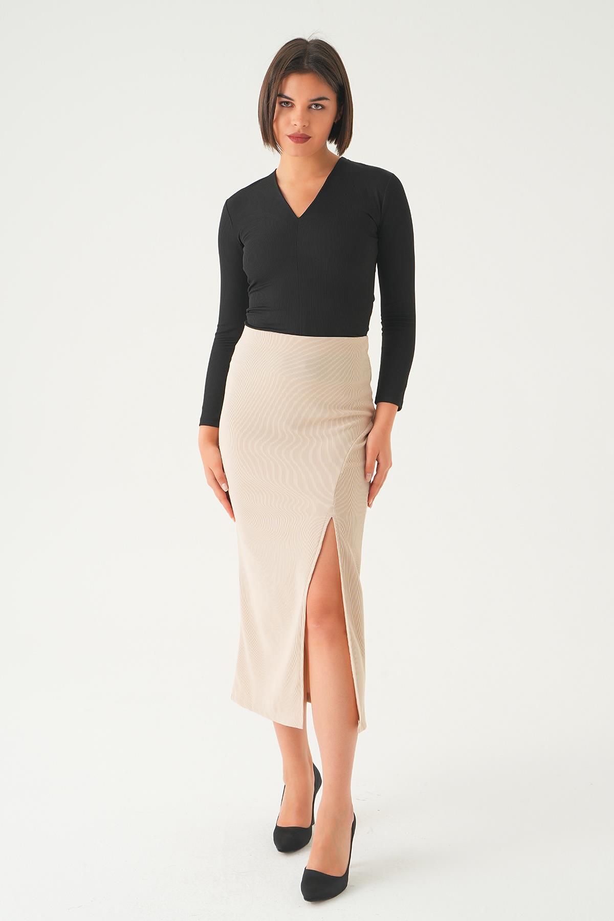 20522 Yırtmaç Detay Etek Bej - 4