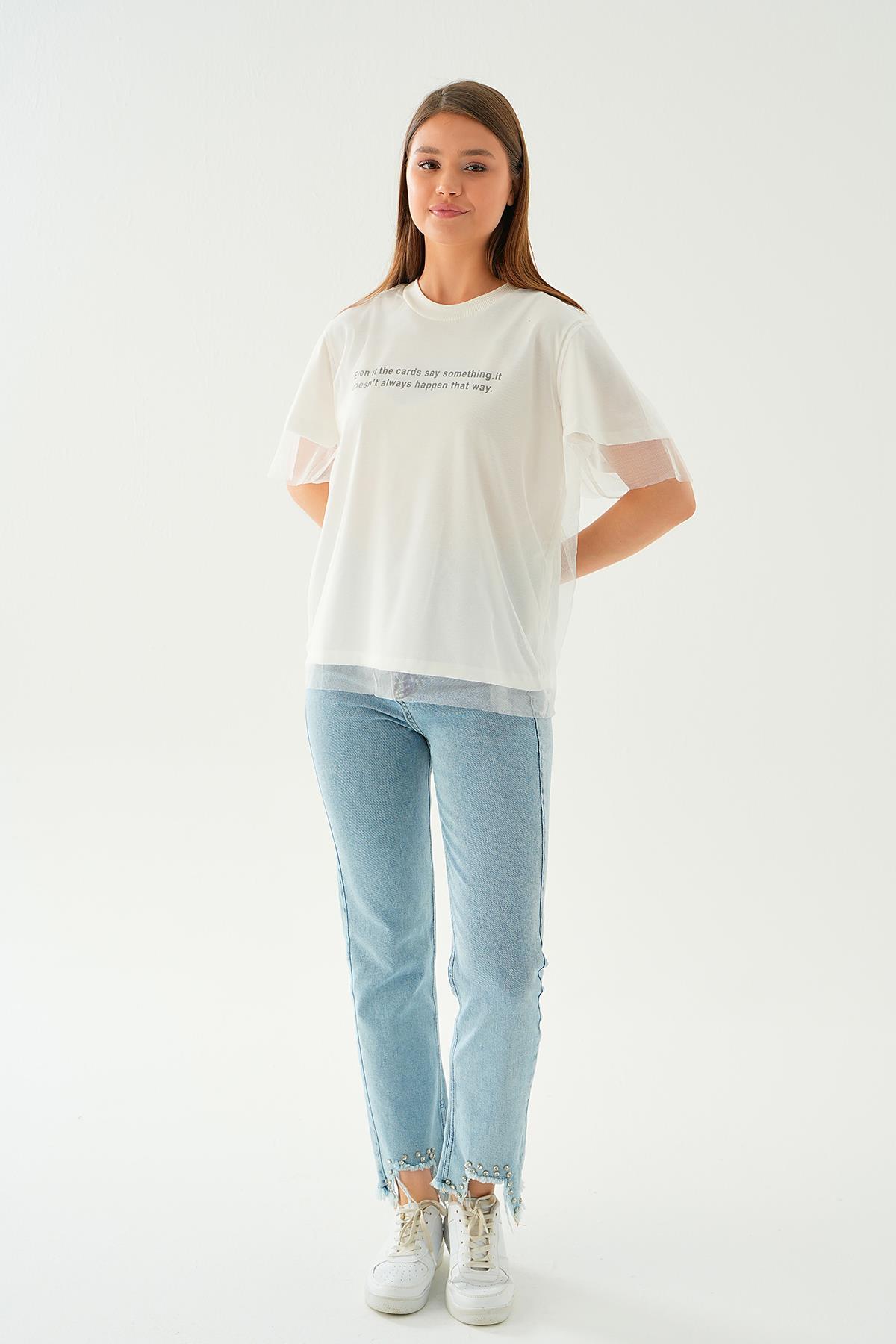 20597 Tül Detay Baskılı Tişört Beyaz 