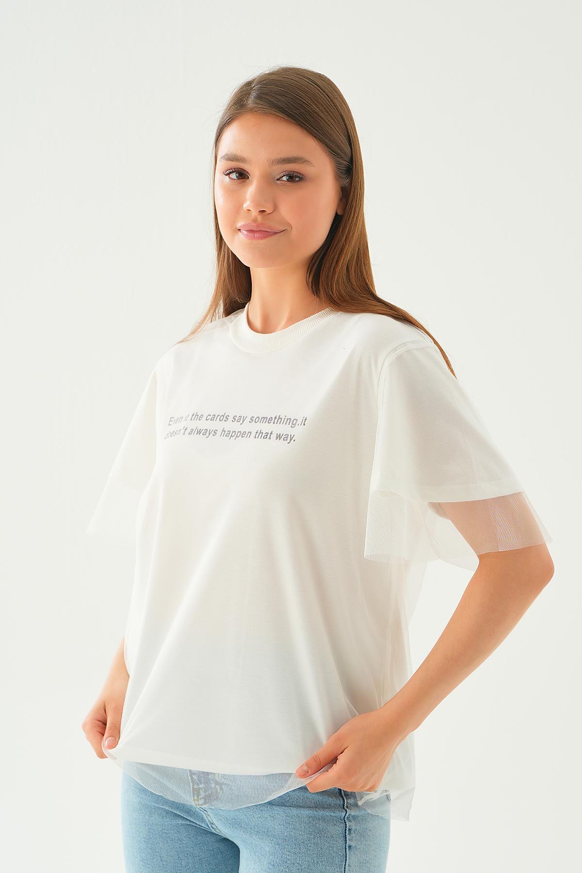 20597 Tül Detay Baskılı Tişört Beyaz - 4