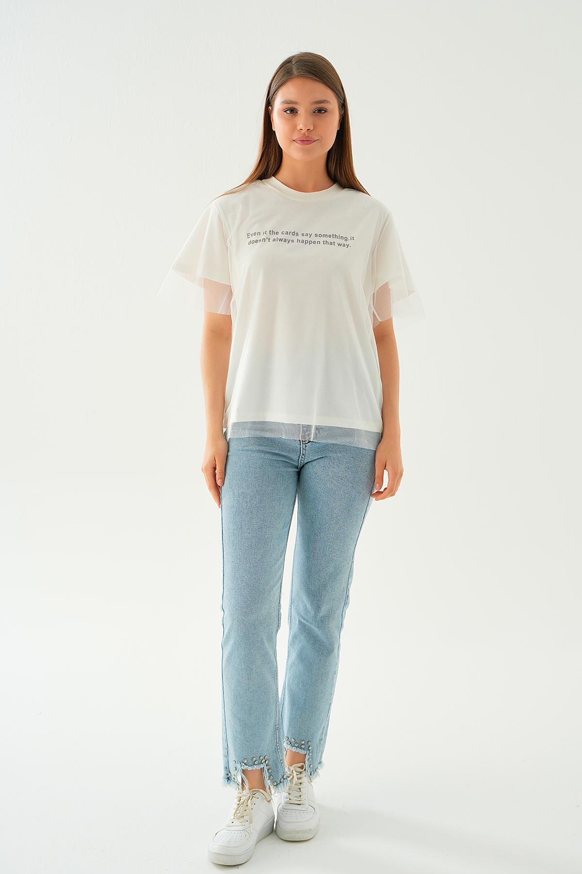 Beyaz Tül Detay Baskılı Tişört 20597 - 2