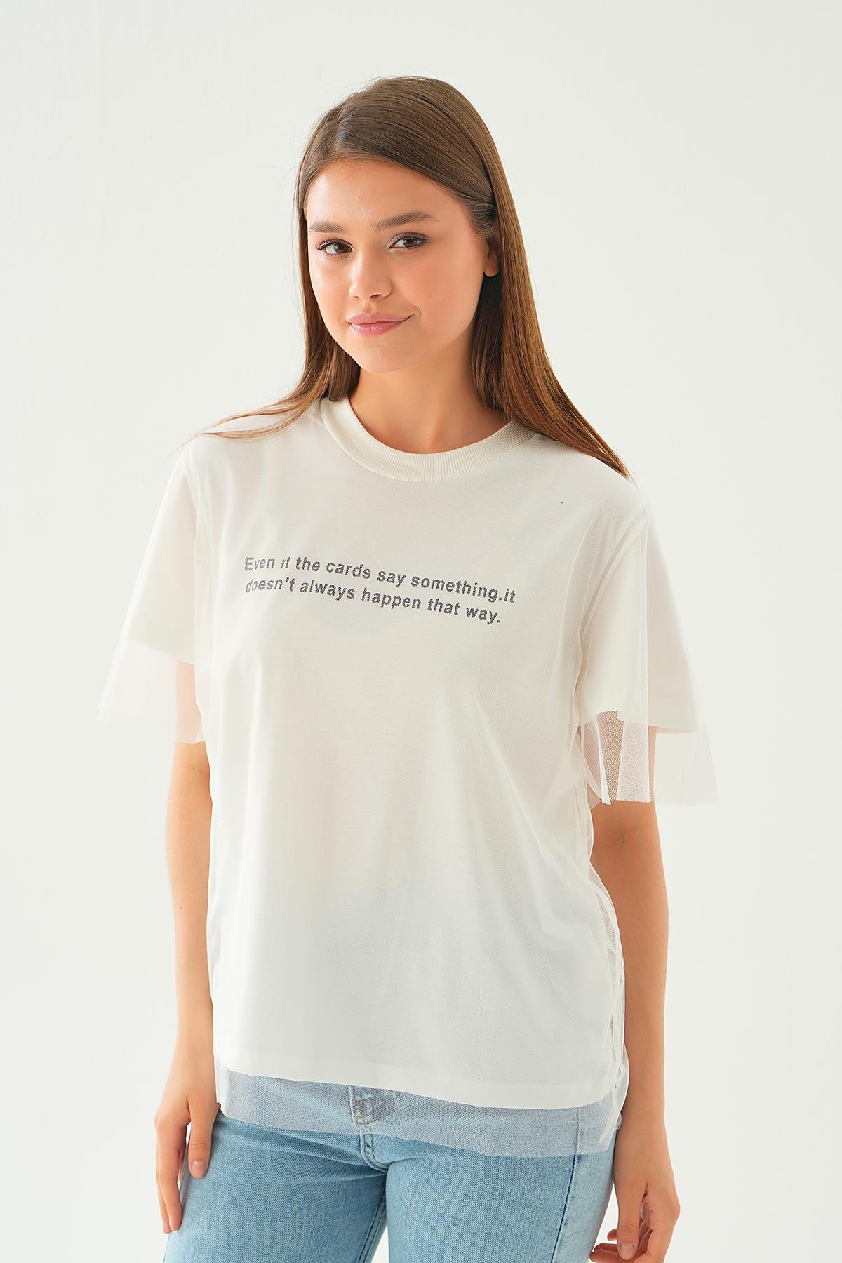 Beyaz Tül Detay Baskılı Tişört 20597 - 3