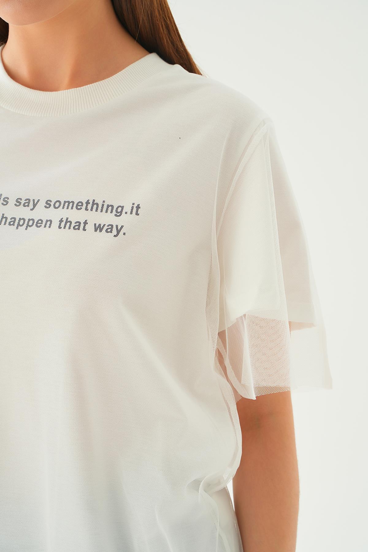 Beyaz Tül Detay Baskılı Tişört 20597 - 6