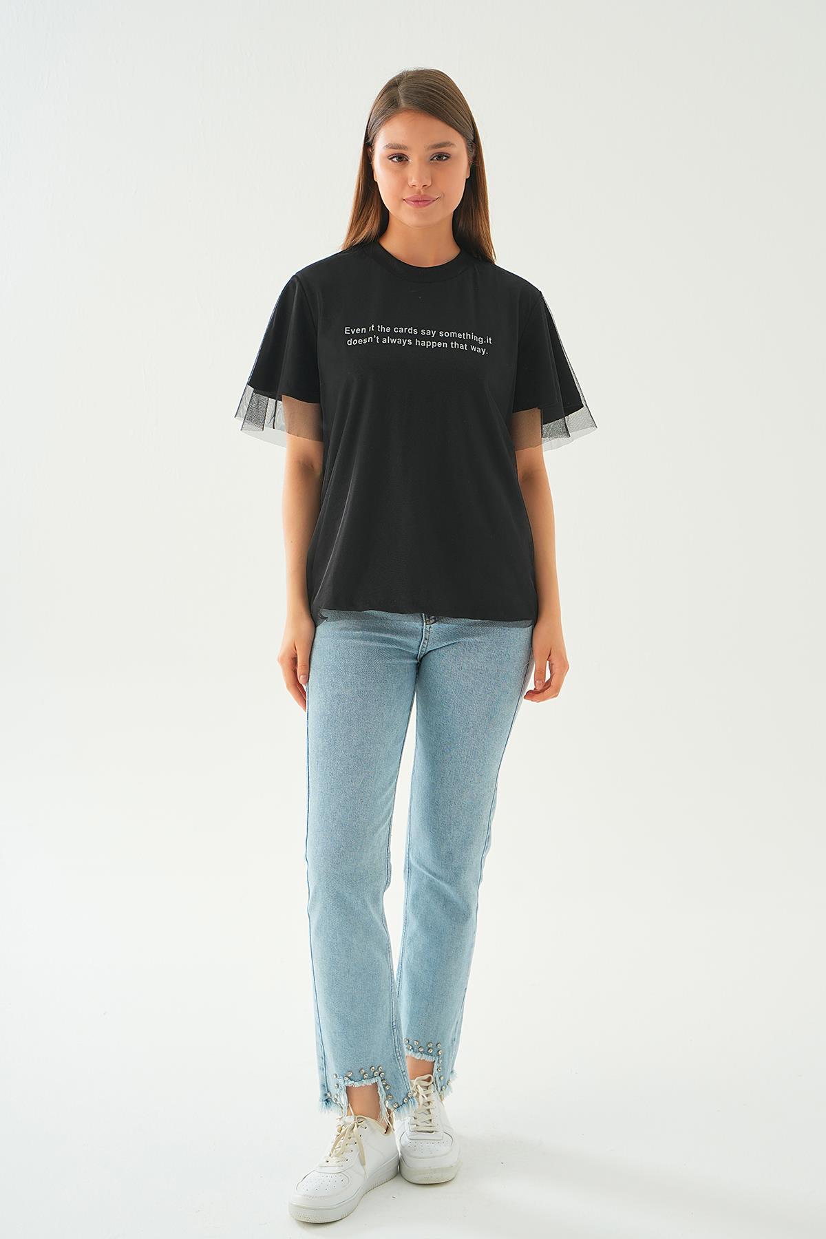 20597 Tül Detay Baskılı Tişört Siyah - 4