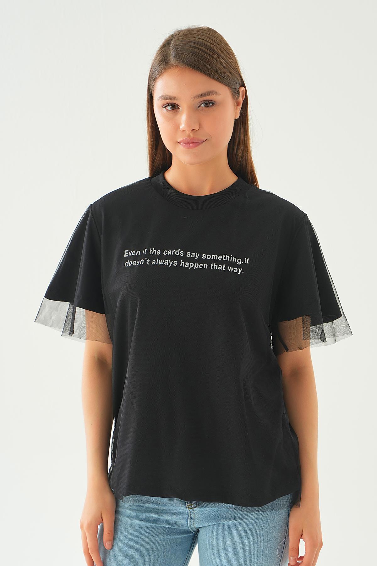 20597 Tül Detay Baskılı Tişört Siyah - 1