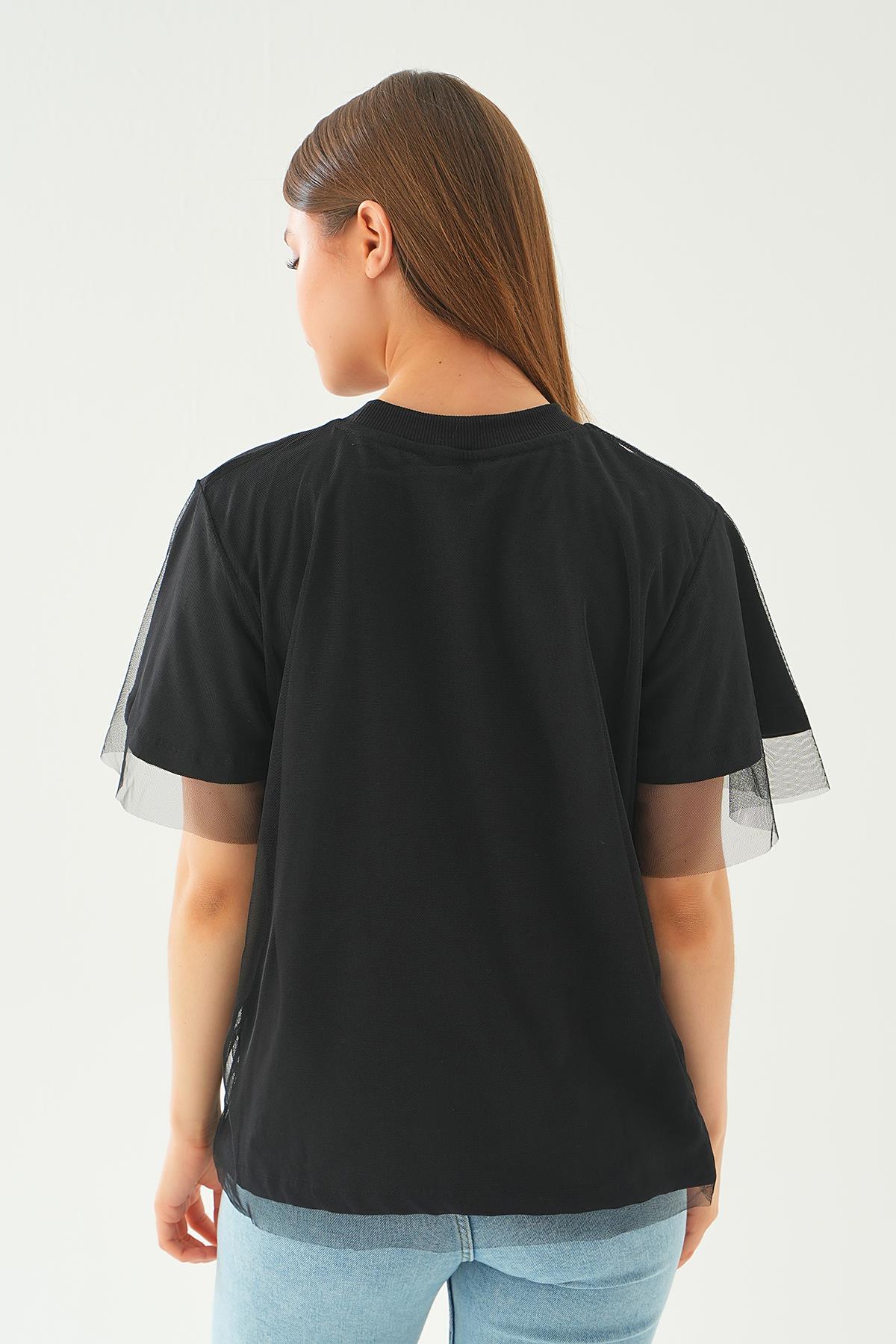 20597 Tül Detay Baskılı Tişört Siyah - 2