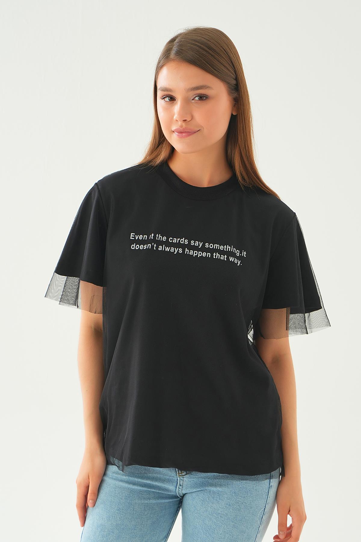 20597 Tül Detay Baskılı Tişört Siyah - 5