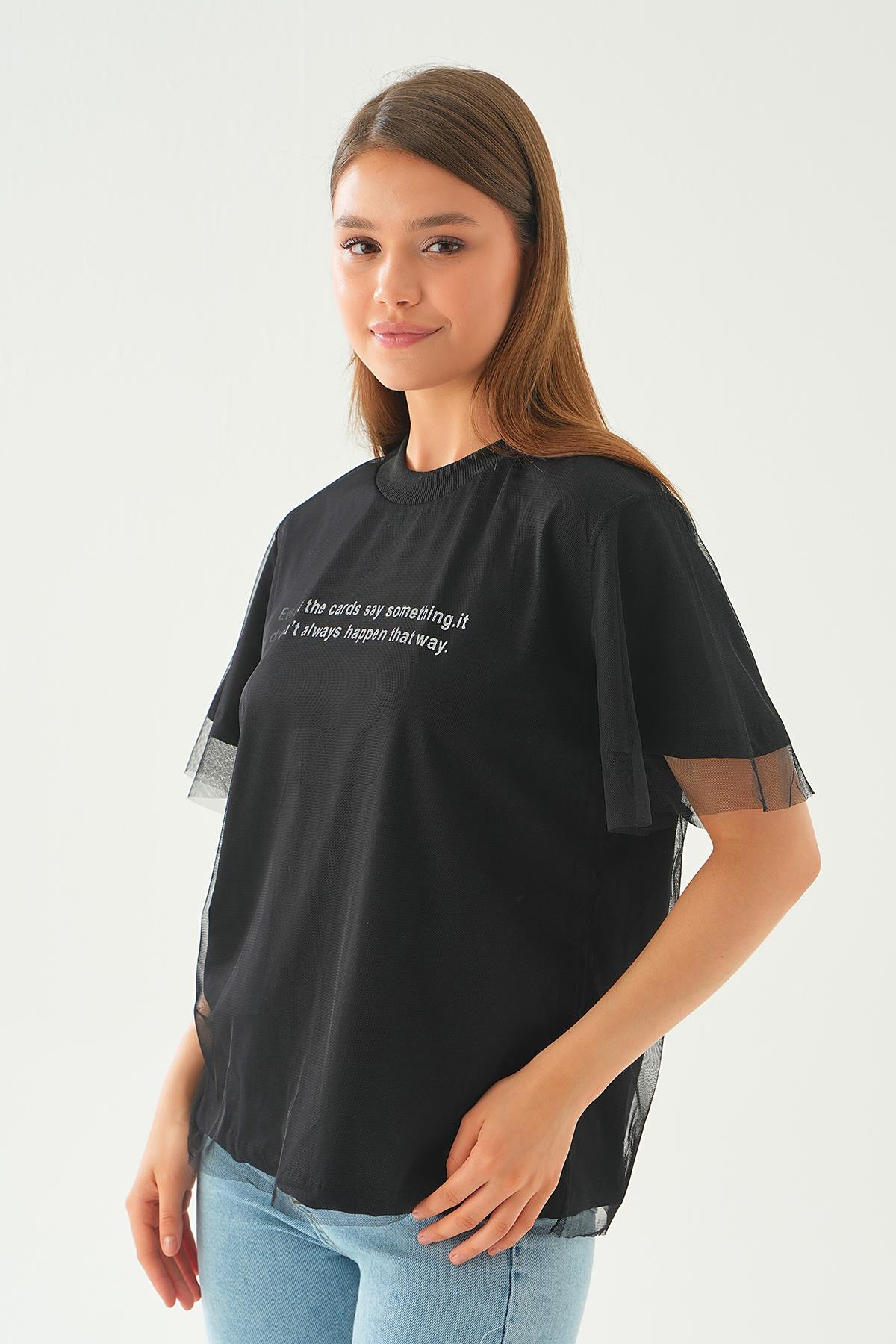 20597 Tül Detay Baskılı Tişört Siyah - 6