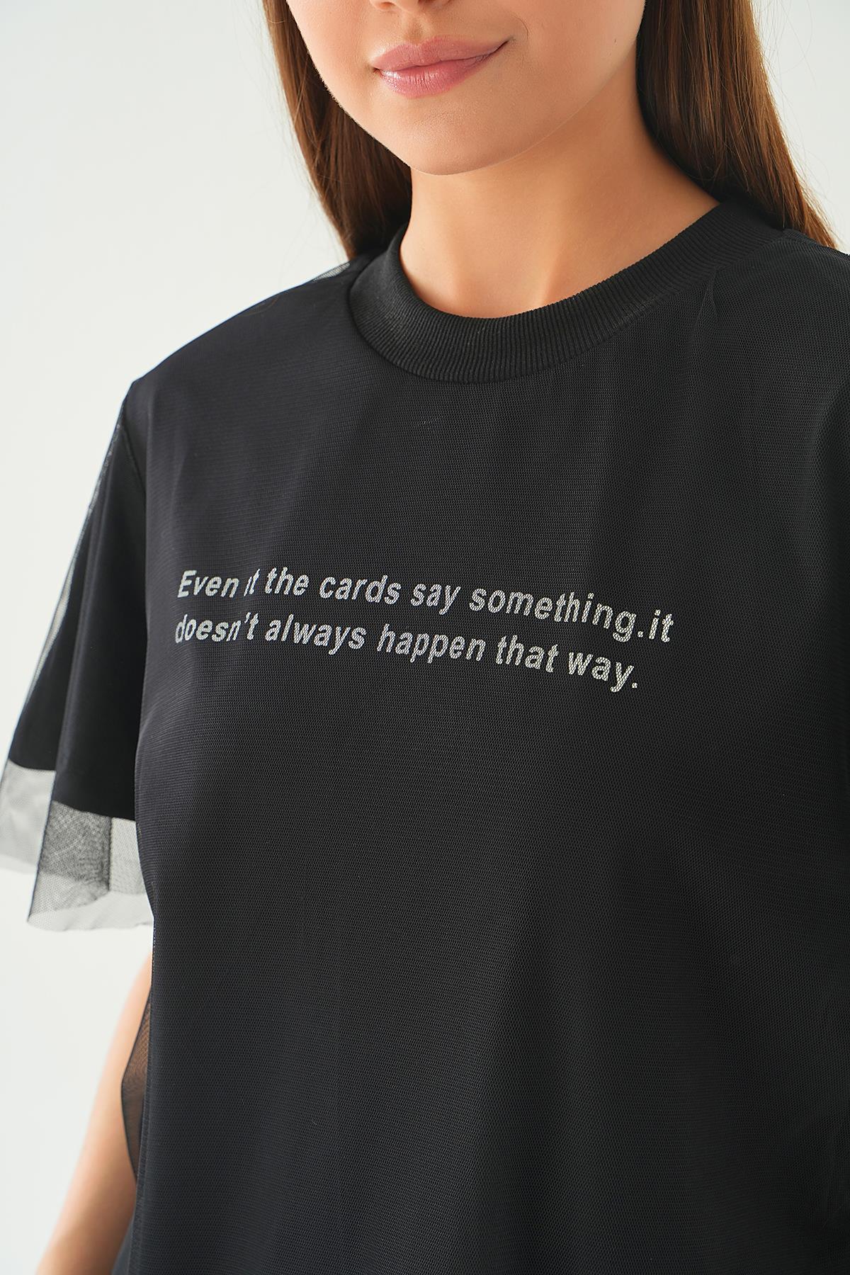 Siyah Tül Detay Baskılı Tişört 20597 - 3