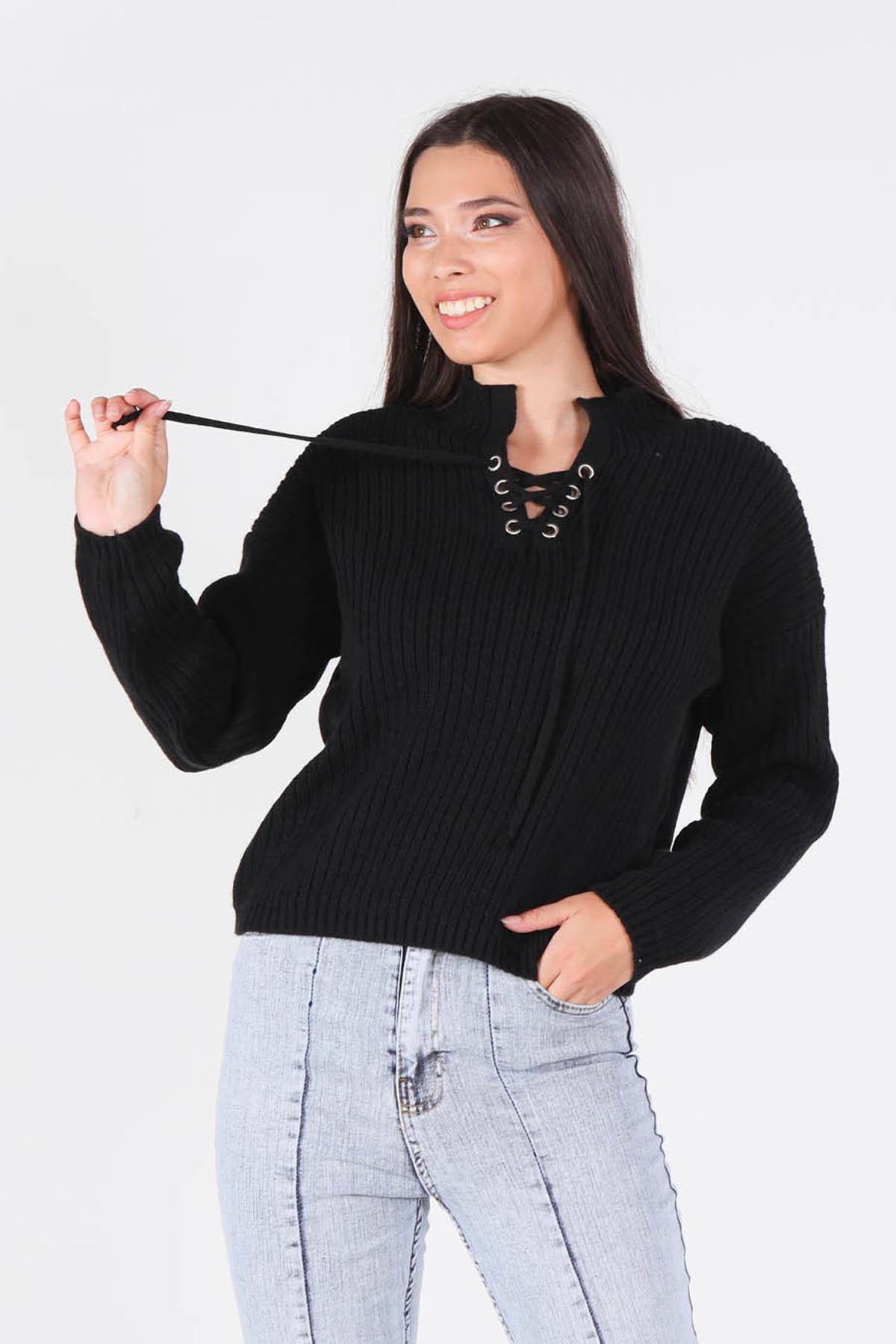 Siyah Yaka Bağcık Detay Kazak 20613 - 1